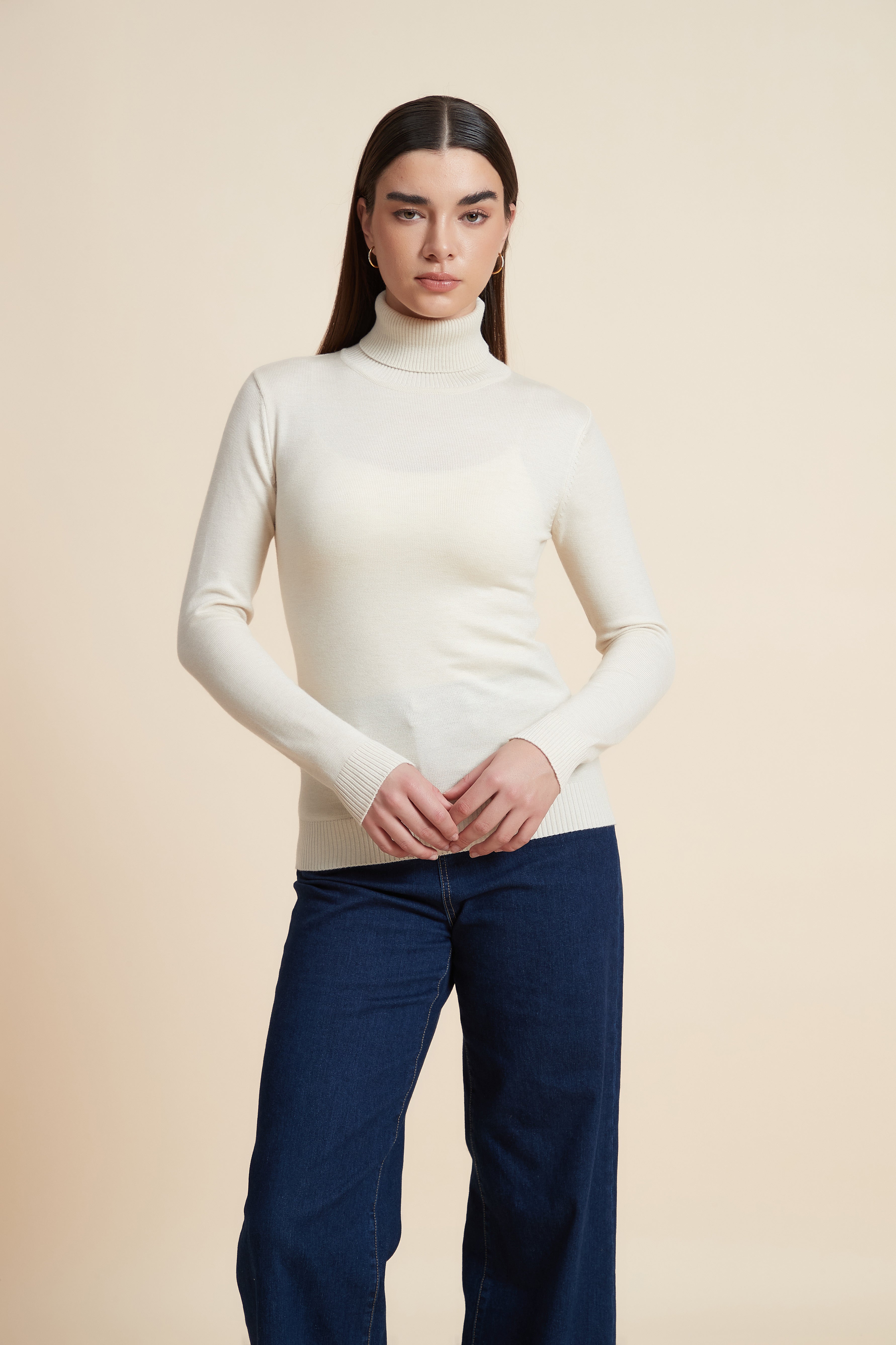 Long Sleeve Solid Blouse with High Neck