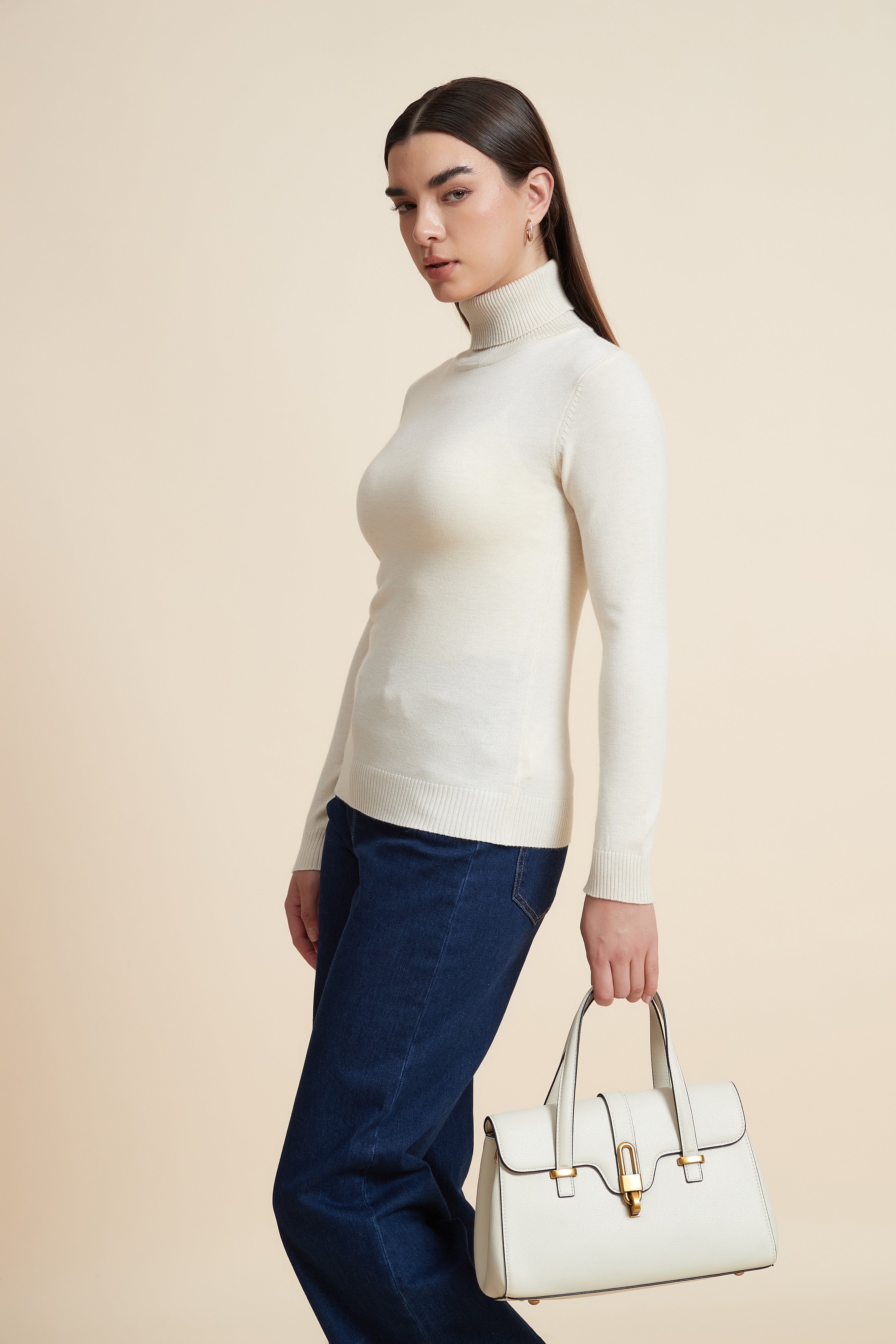 Long Sleeve Solid Blouse with High Neck