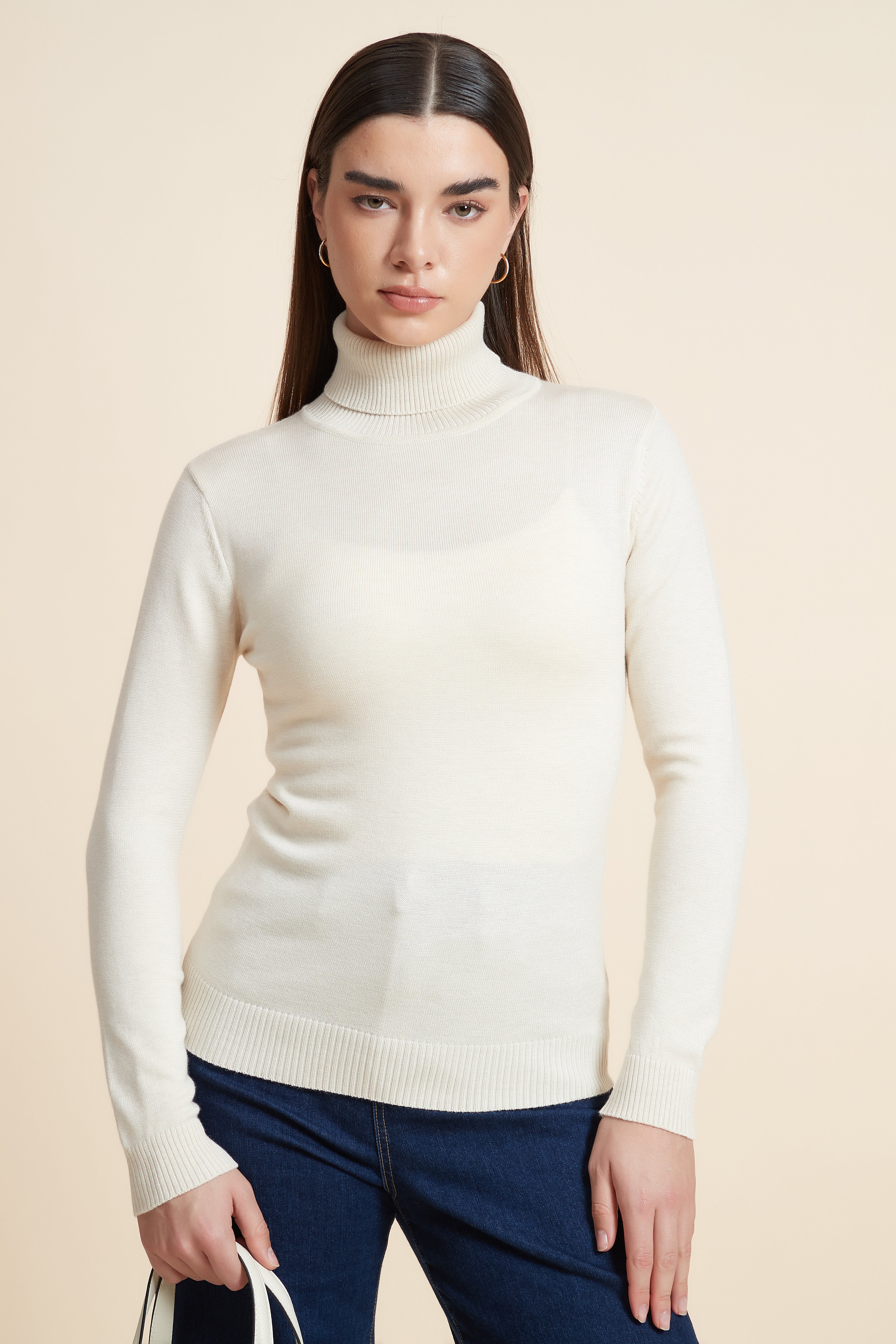 Long Sleeve Solid Blouse with High Neck