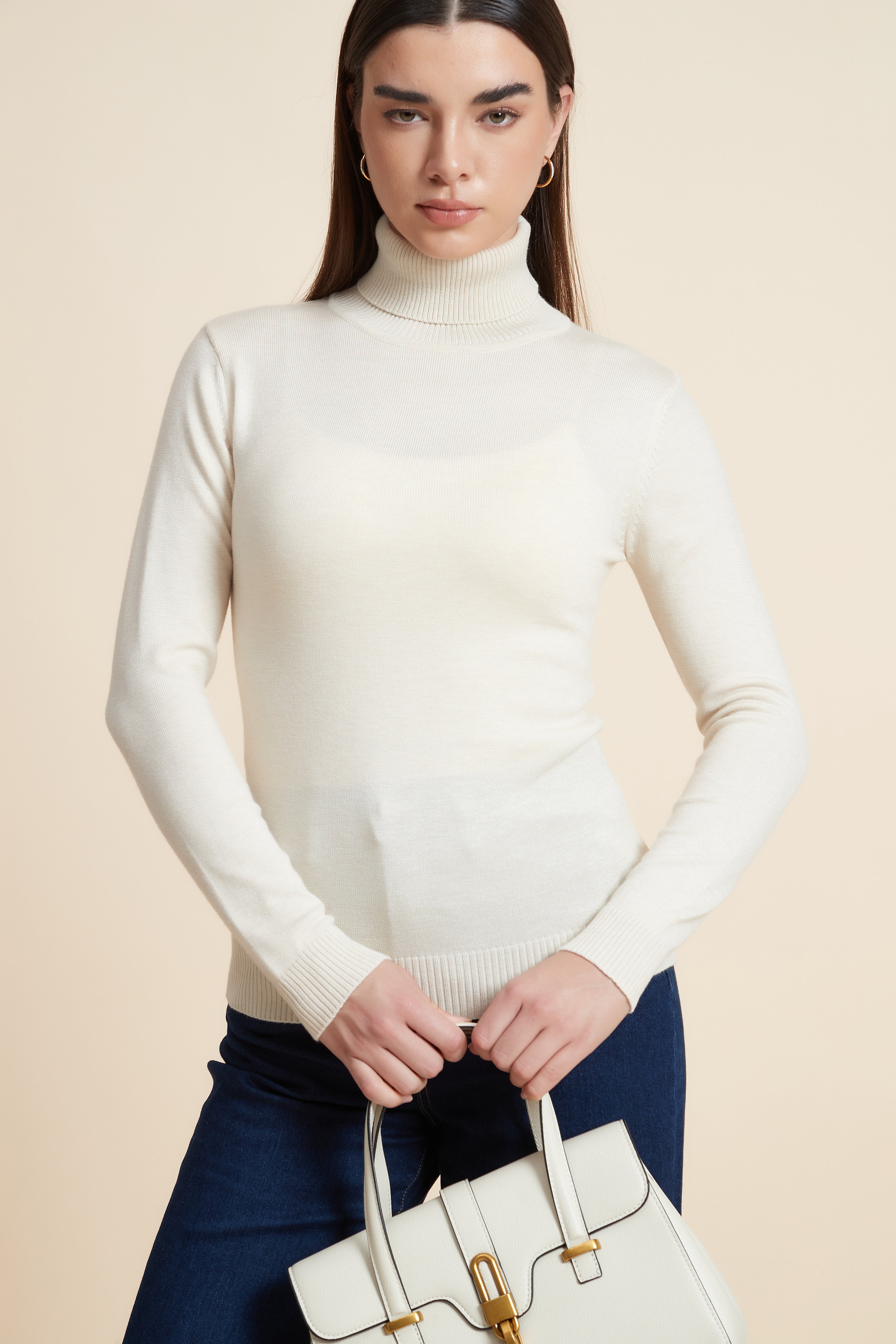 Long Sleeve Solid Blouse with High Neck