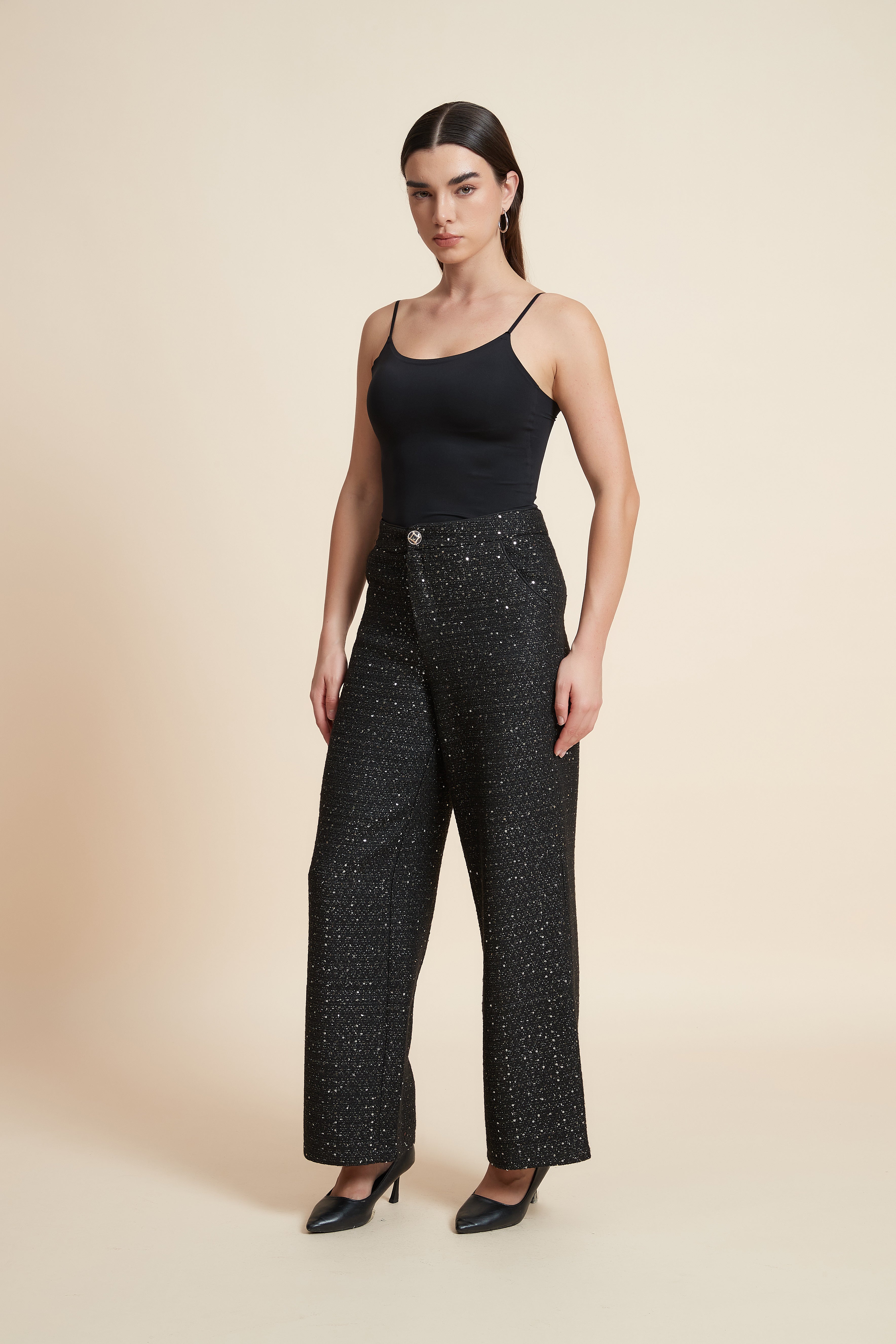 بنطلون طويل لامع بقصة واسعة