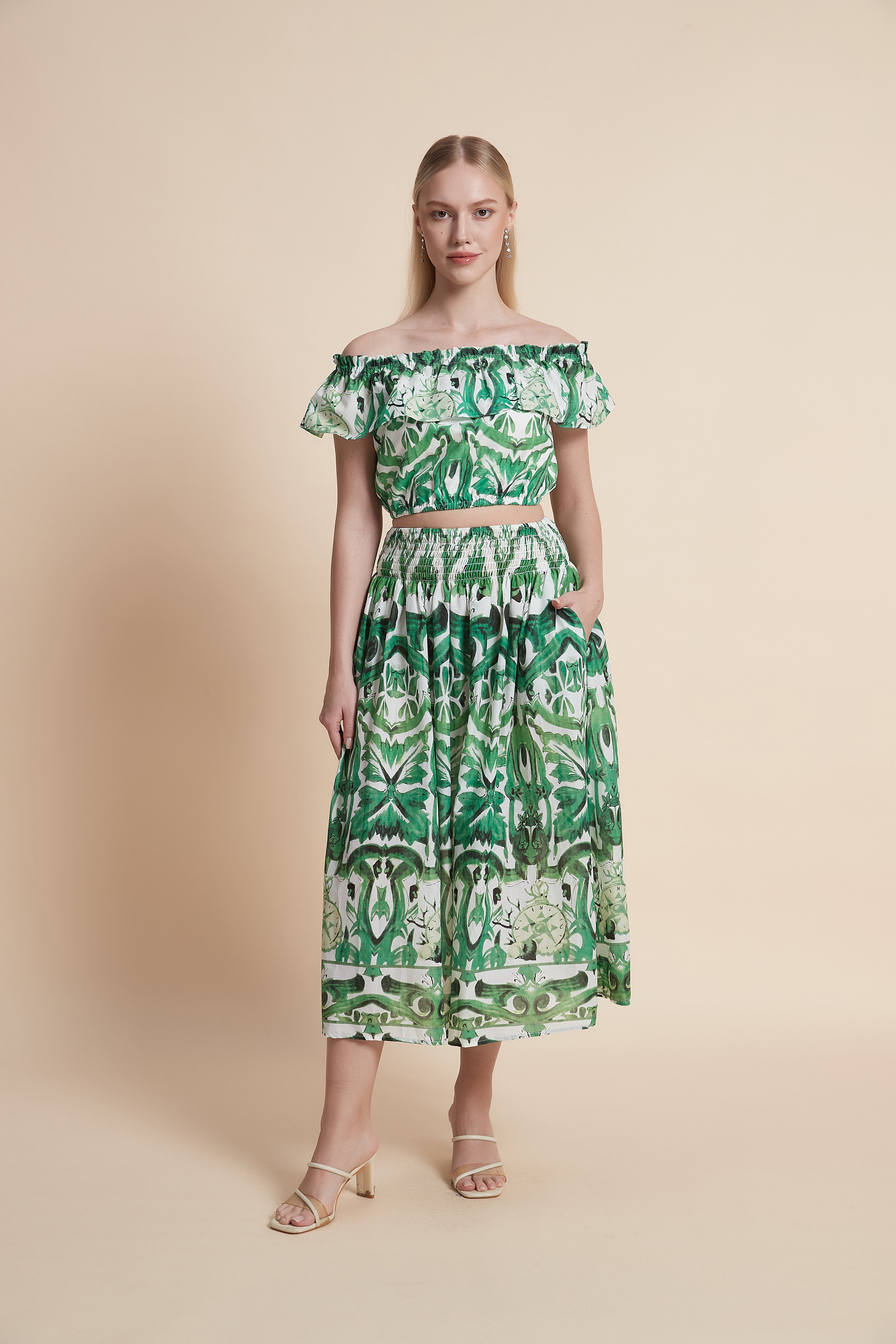 Patterned Short-Sleeve Midi Dress