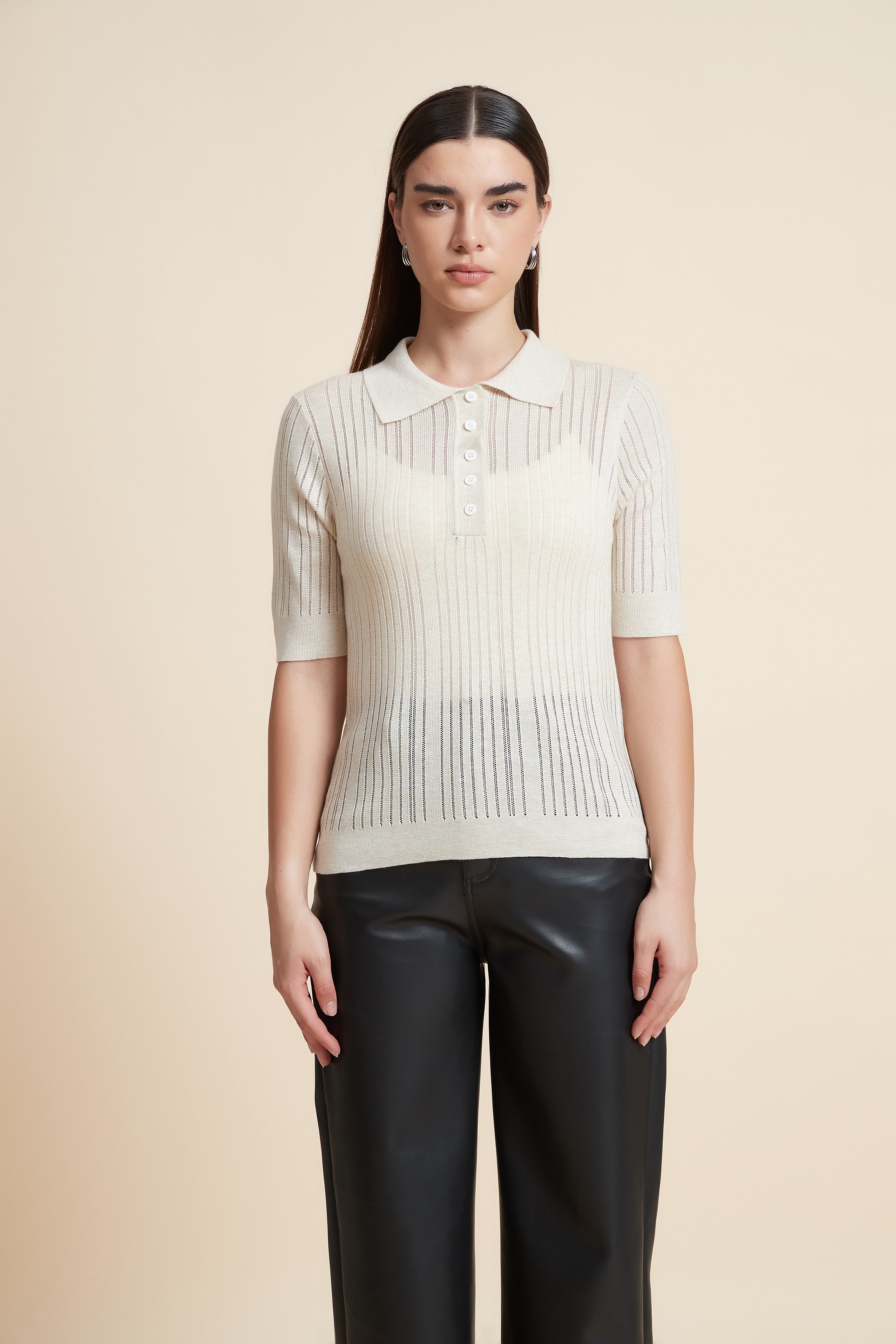 Plain Short Sleeve Shirt Collar Blouse