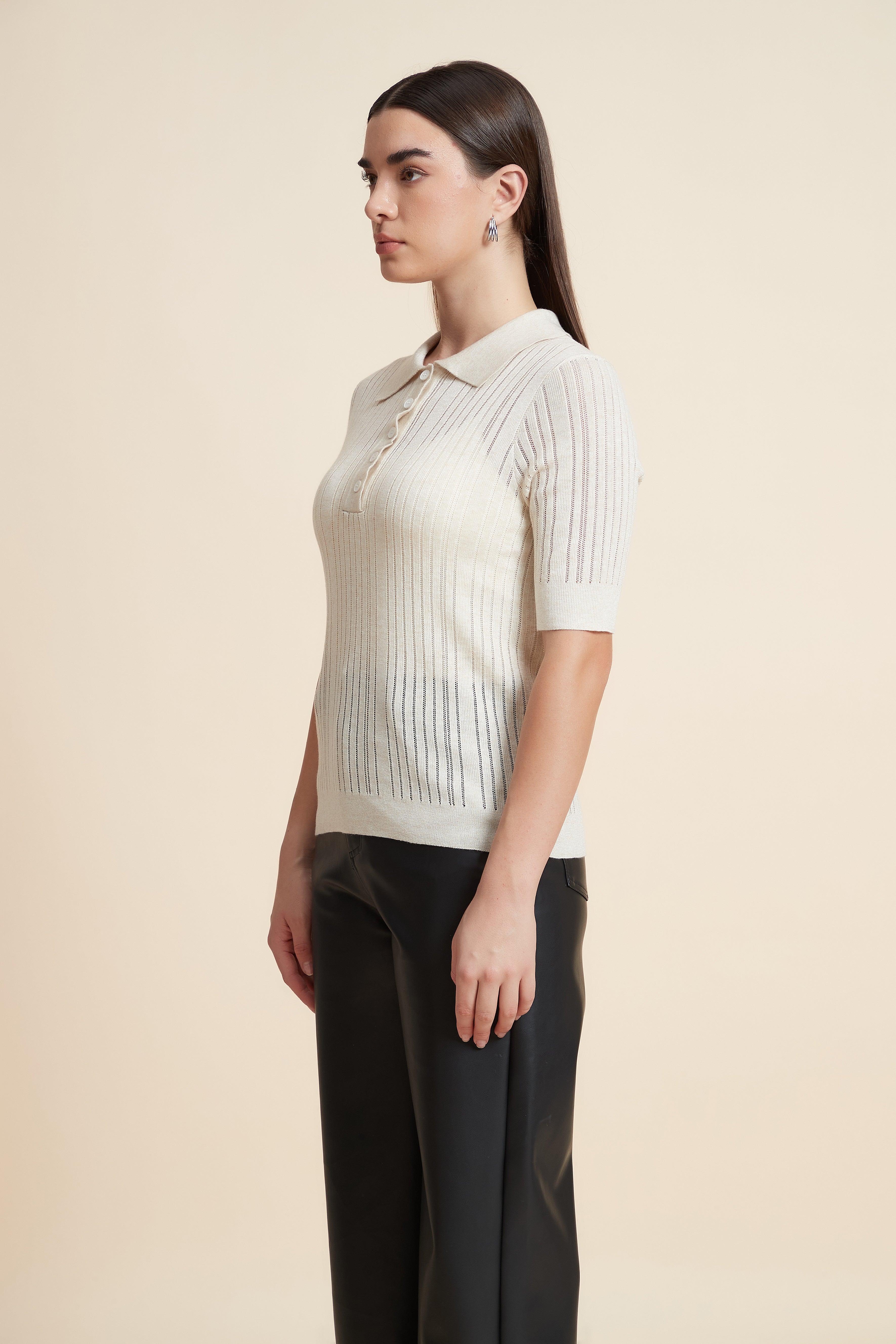 Plain Short Sleeve Shirt Collar Blouse