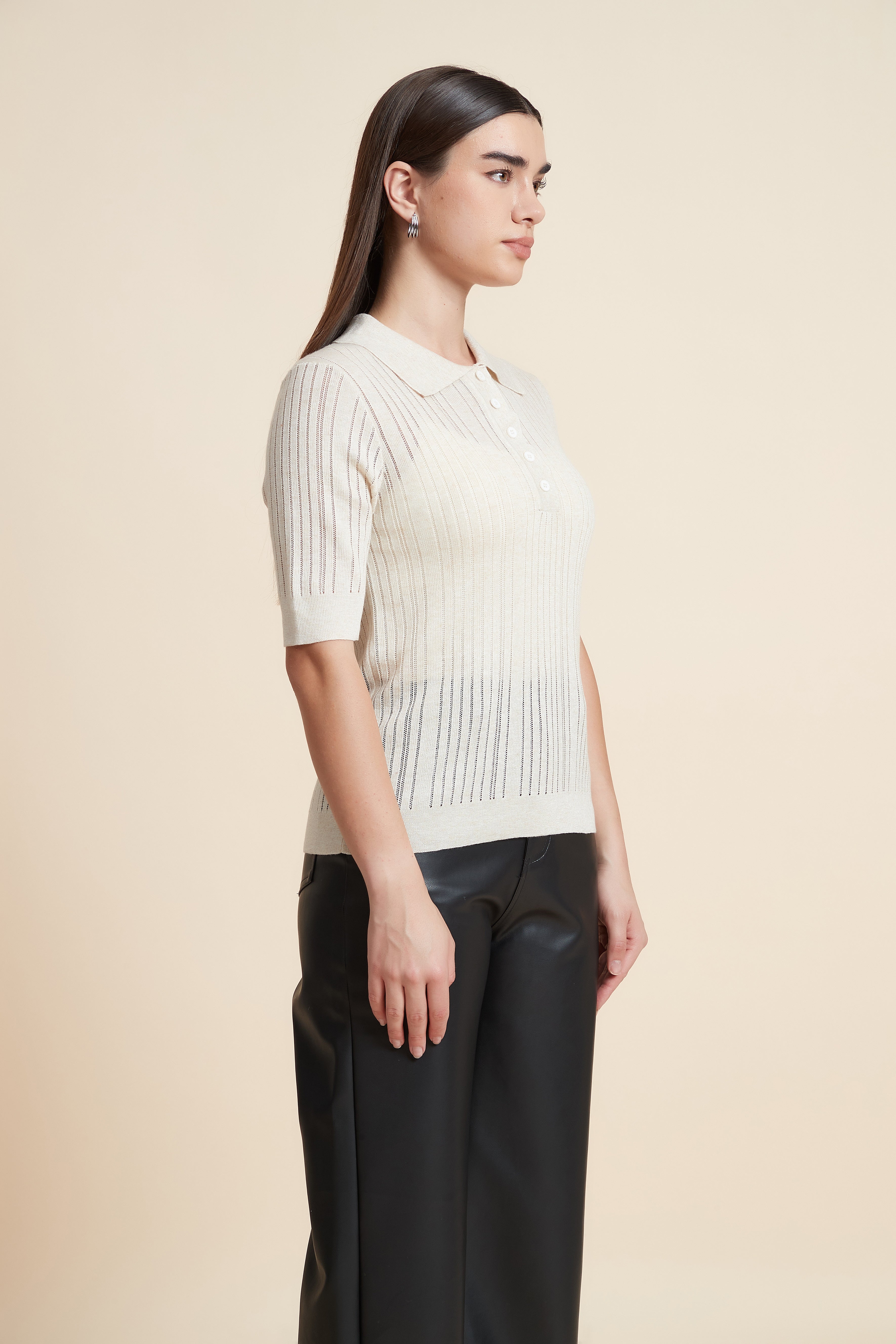 Plain Short Sleeve Shirt Collar Blouse