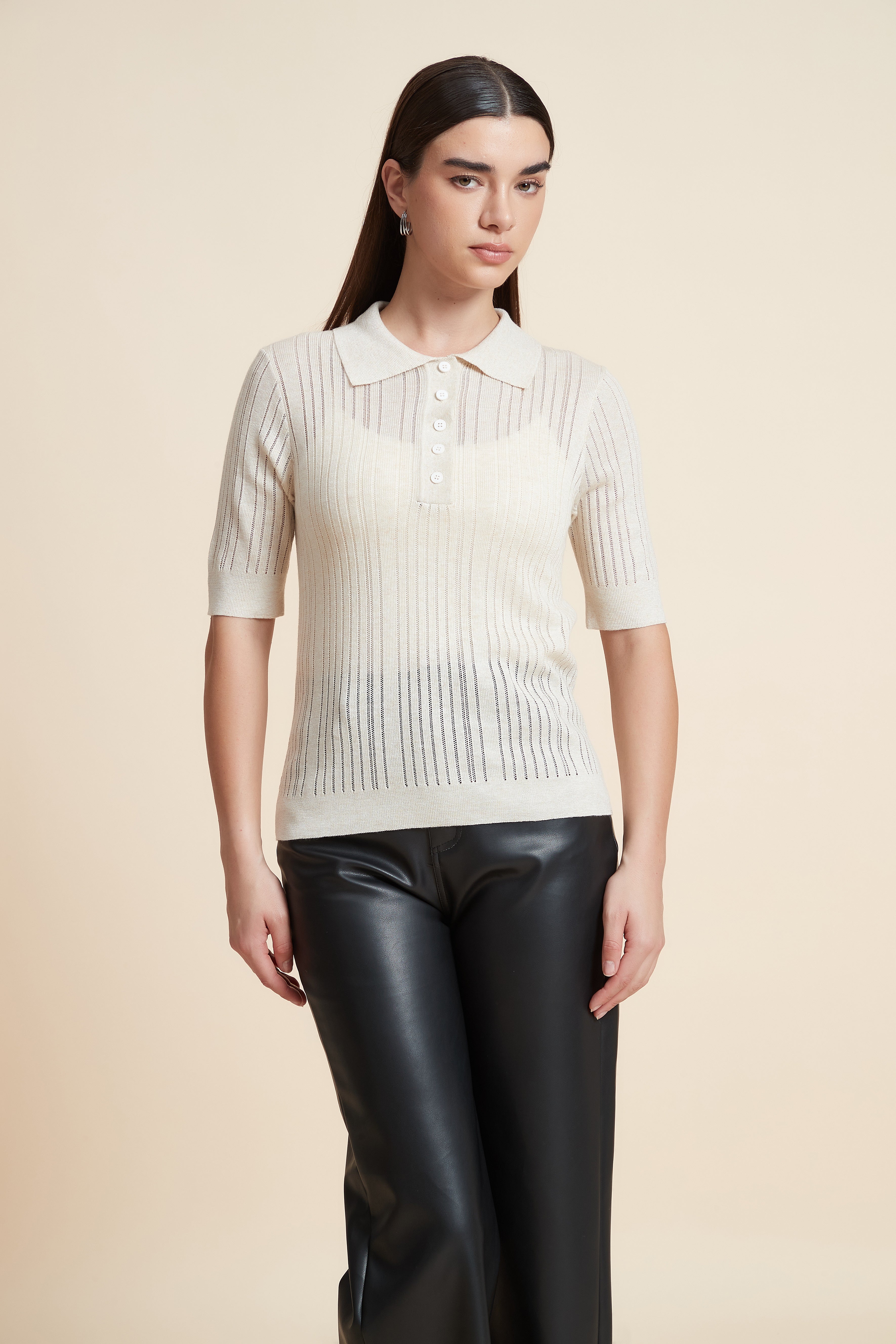 Plain Short Sleeve Shirt Collar Blouse