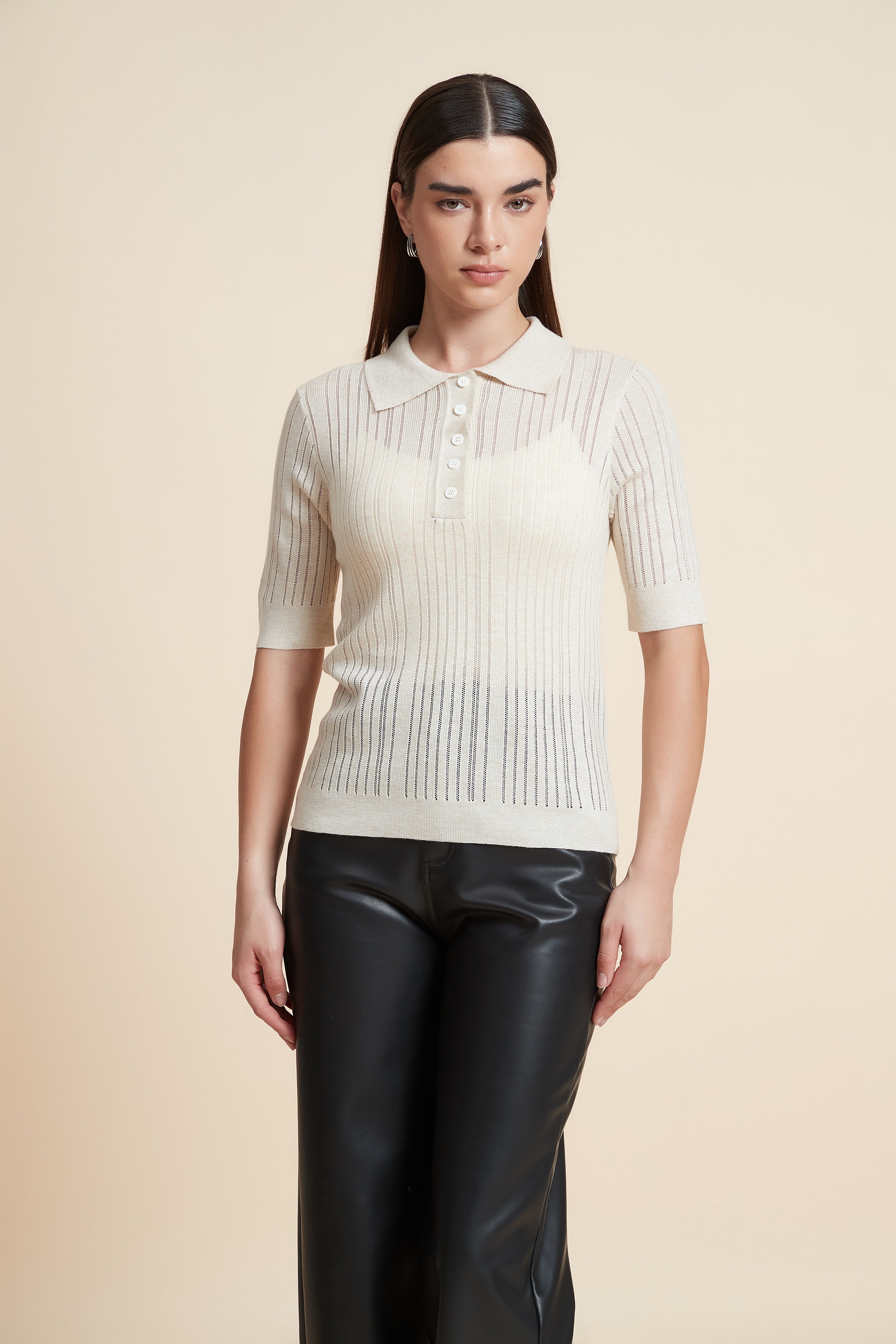 Plain Short Sleeve Shirt Collar Blouse