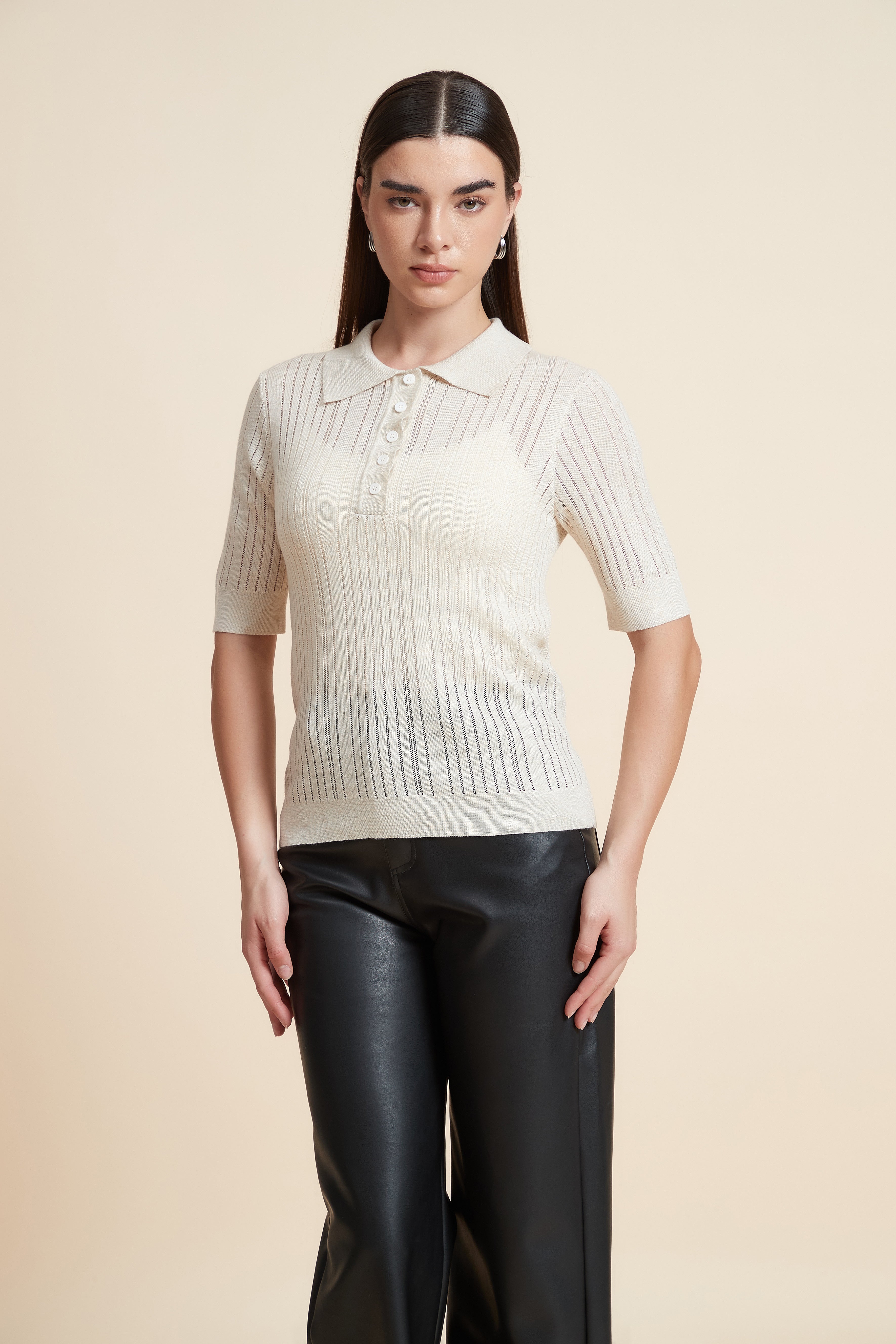 Plain Short Sleeve Shirt Collar Blouse