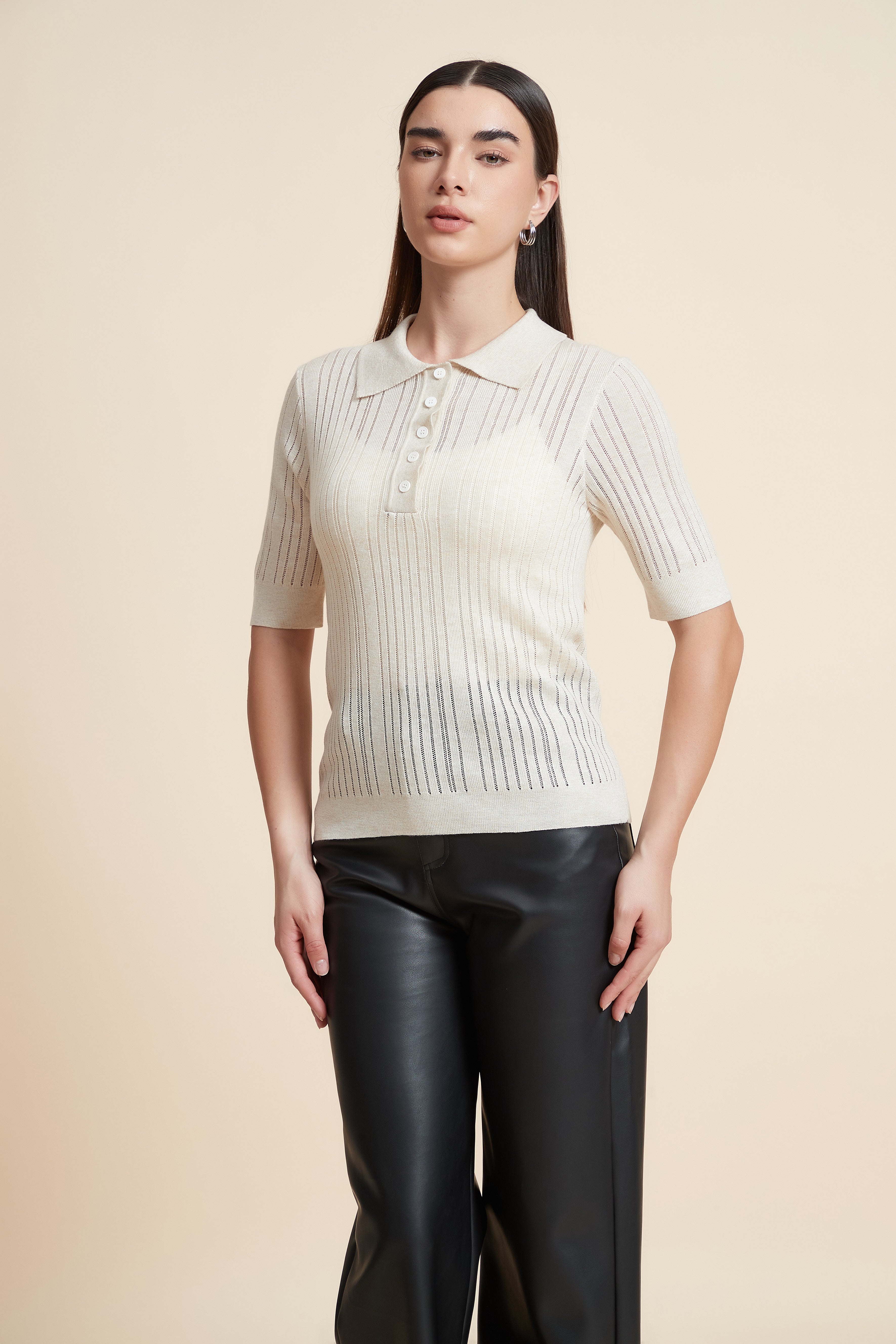Plain Short Sleeve Shirt Collar Blouse