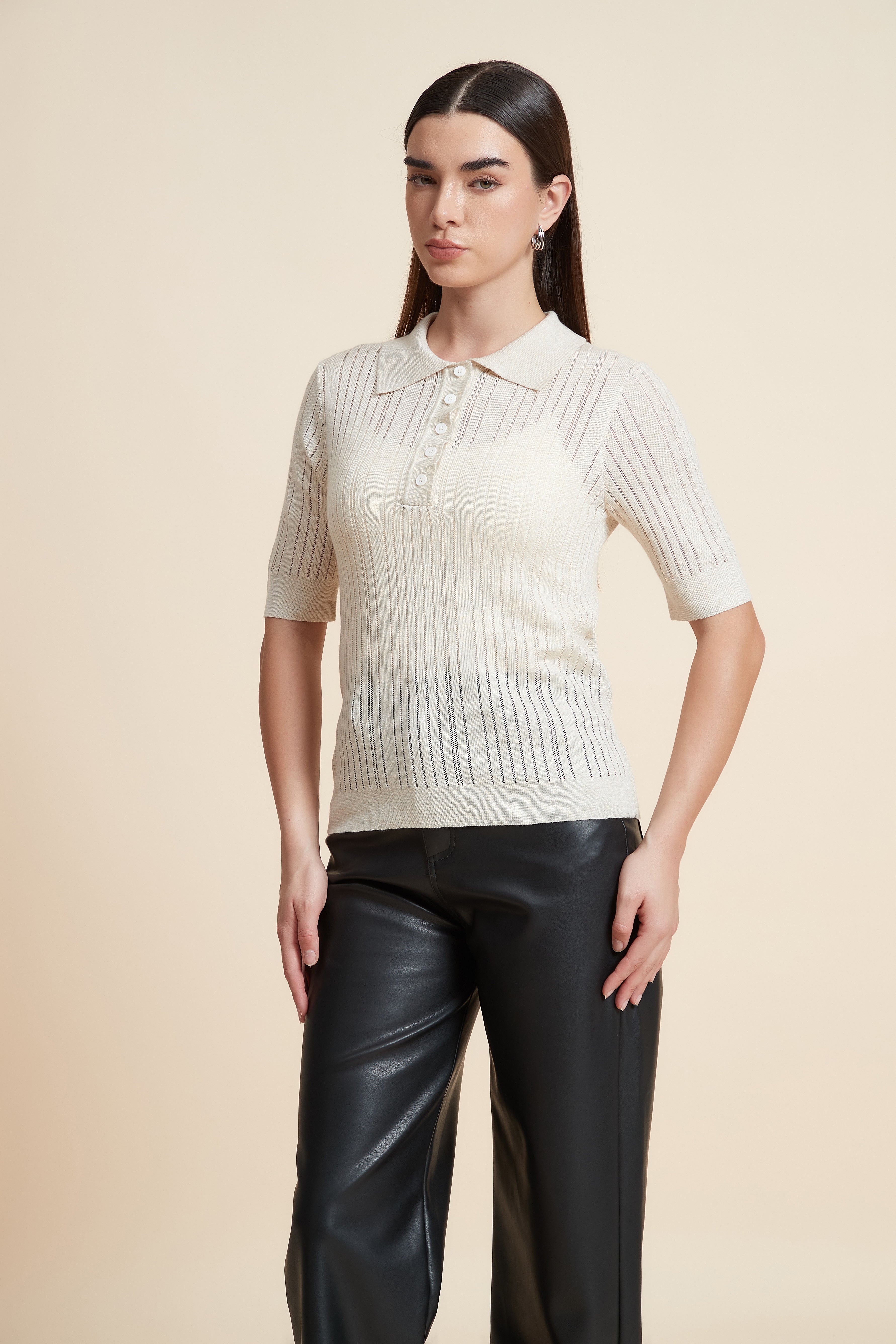 Plain Short Sleeve Shirt Collar Blouse