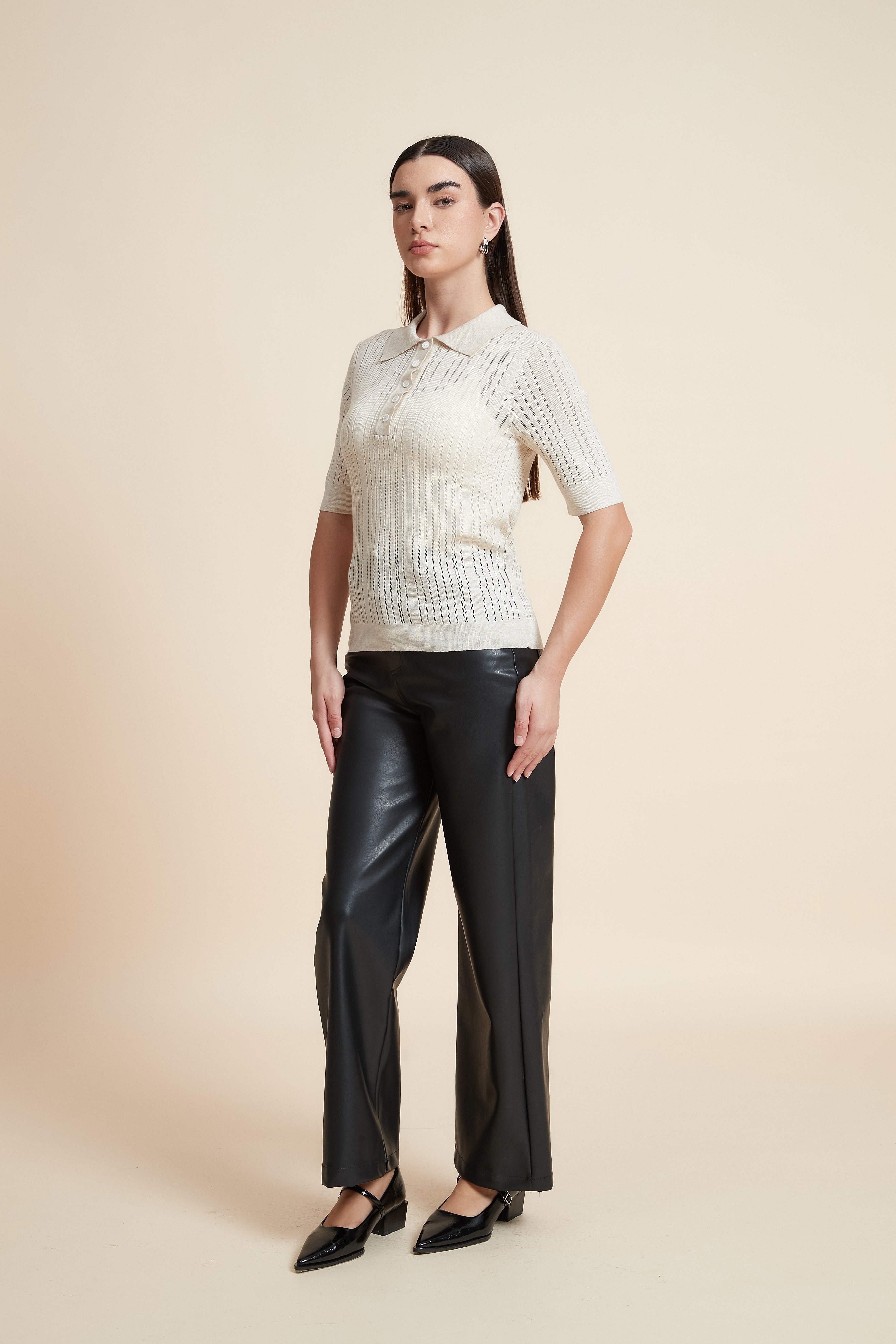 Plain Short Sleeve Shirt Collar Blouse