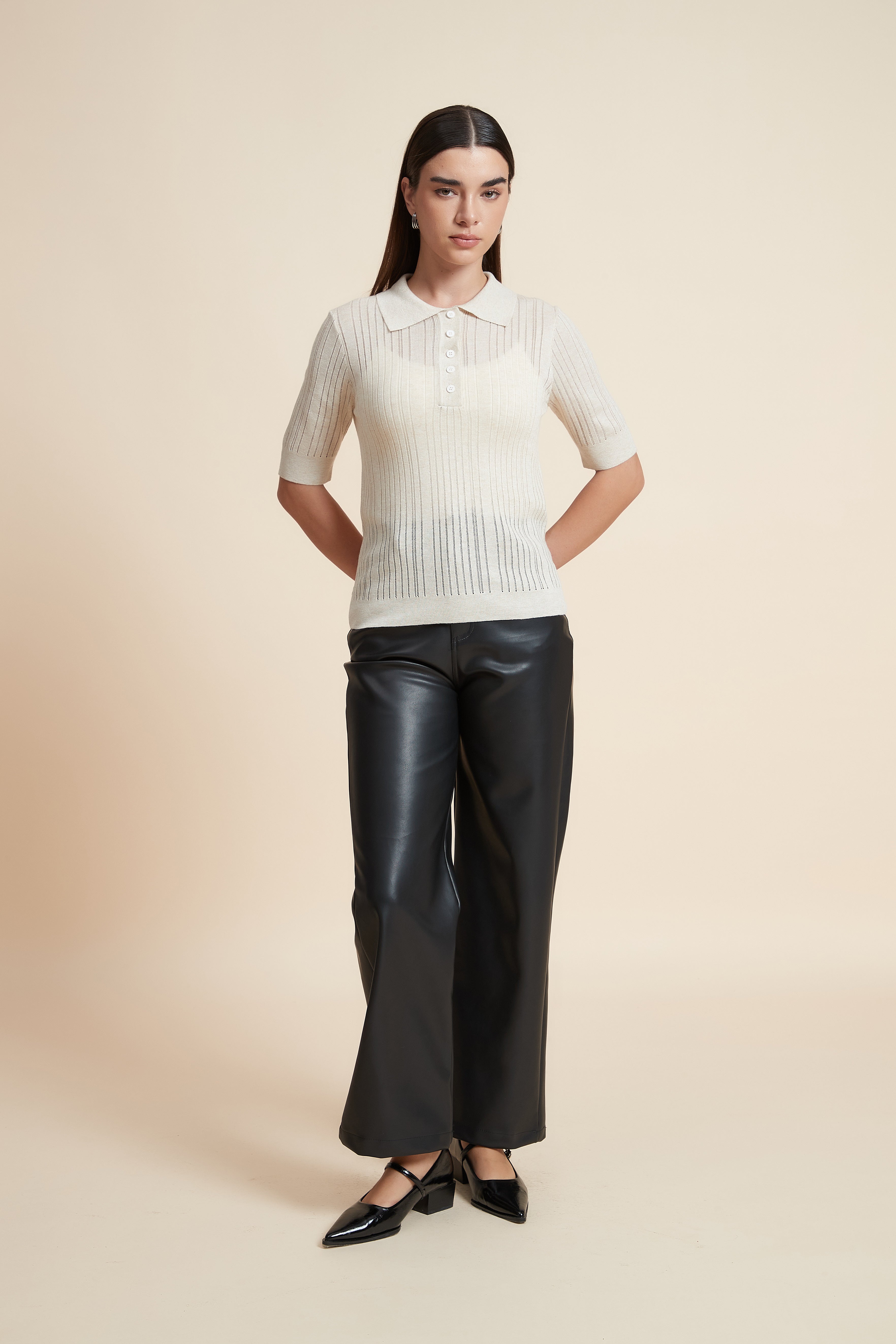 Plain Short Sleeve Shirt Collar Blouse