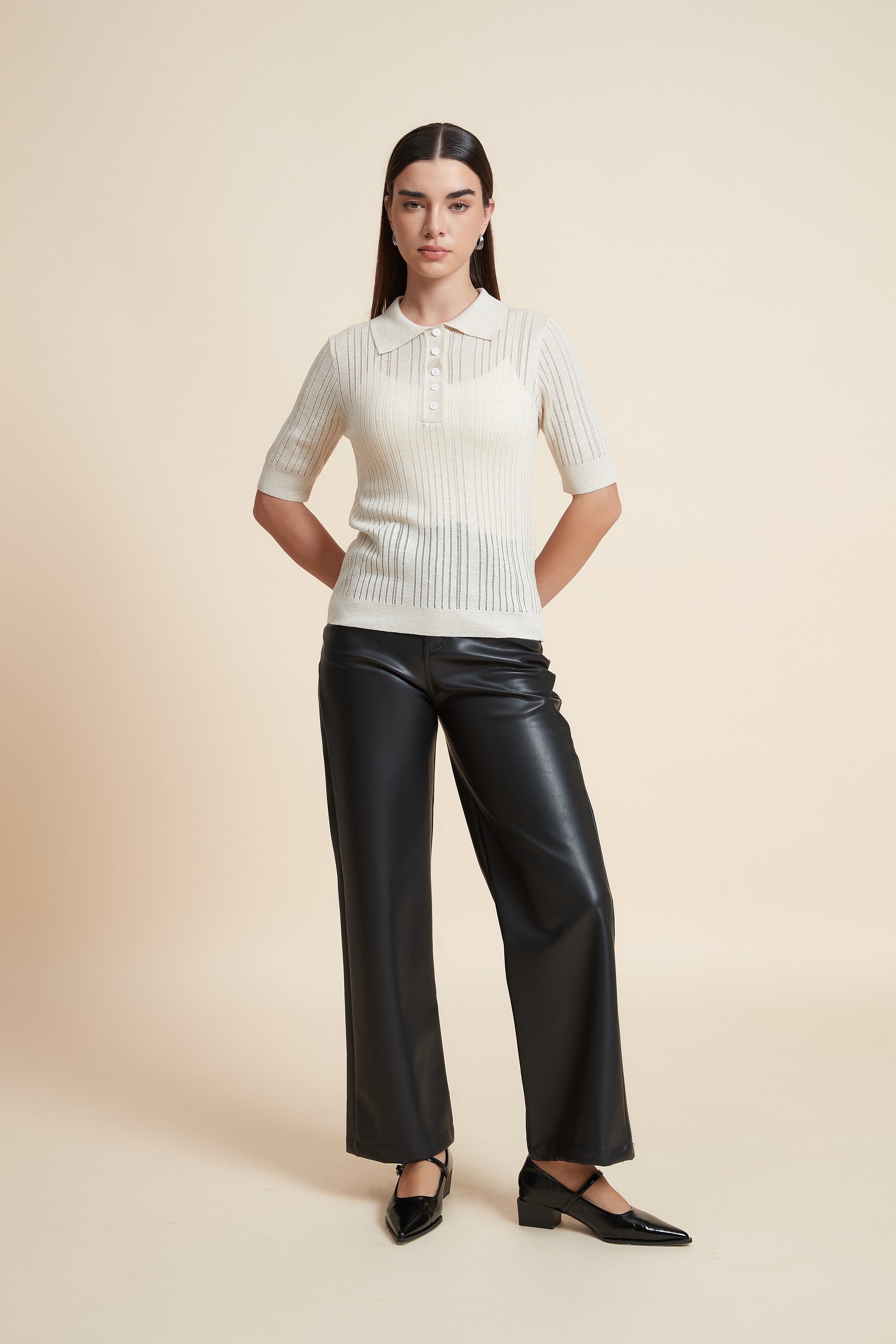 Plain Short Sleeve Shirt Collar Blouse