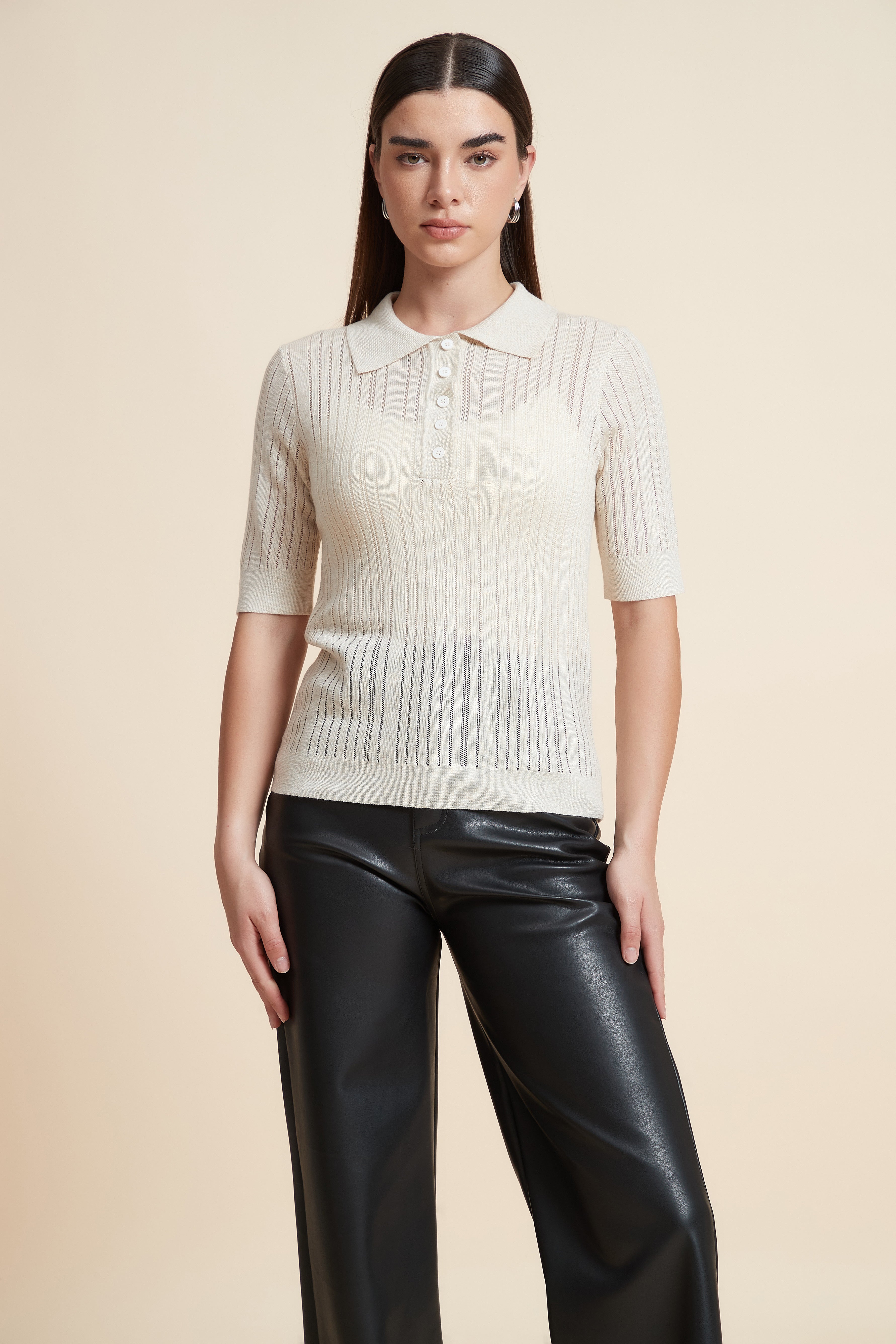 Plain Short Sleeve Shirt Collar Blouse