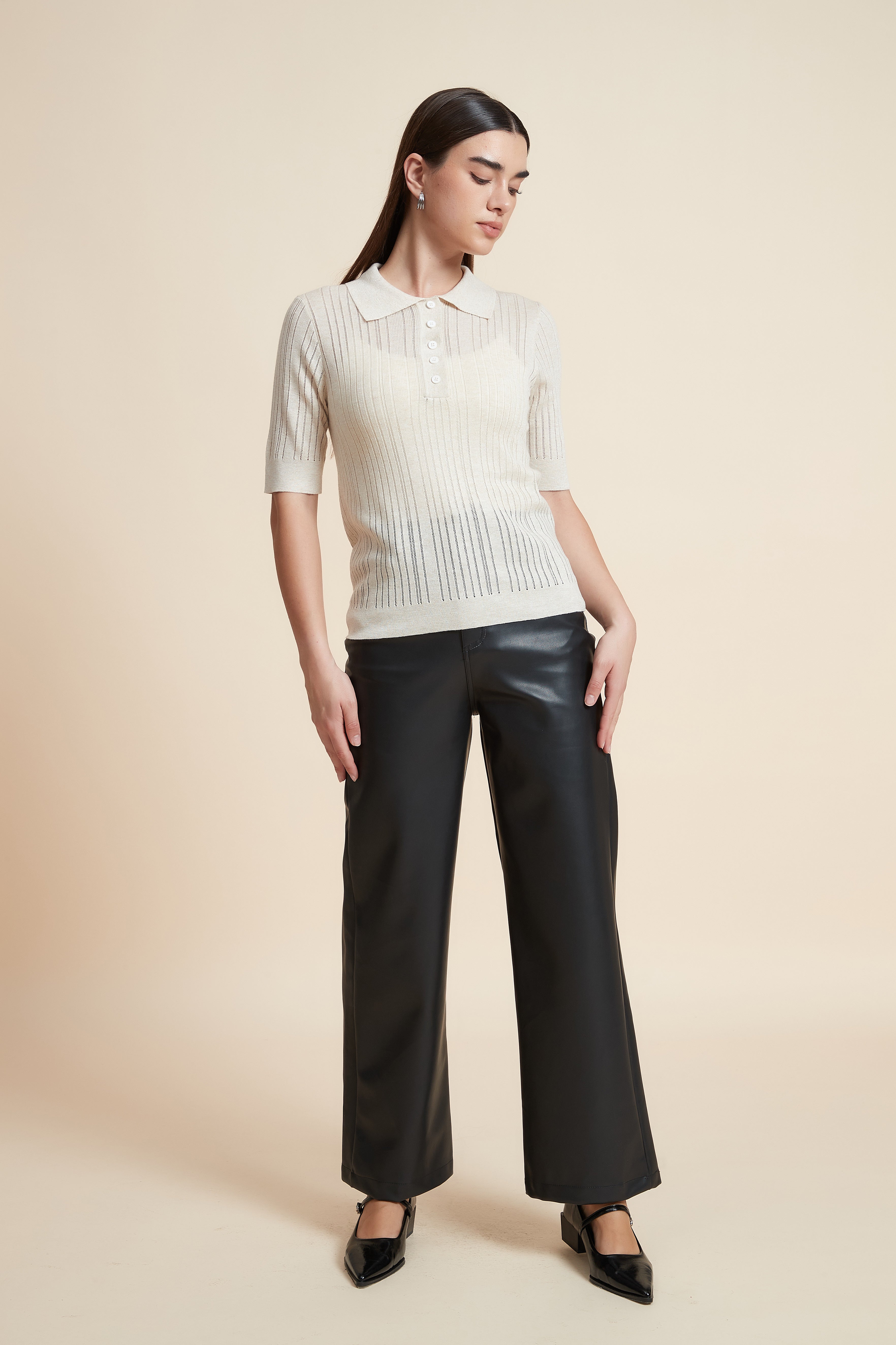 Plain Short Sleeve Shirt Collar Blouse