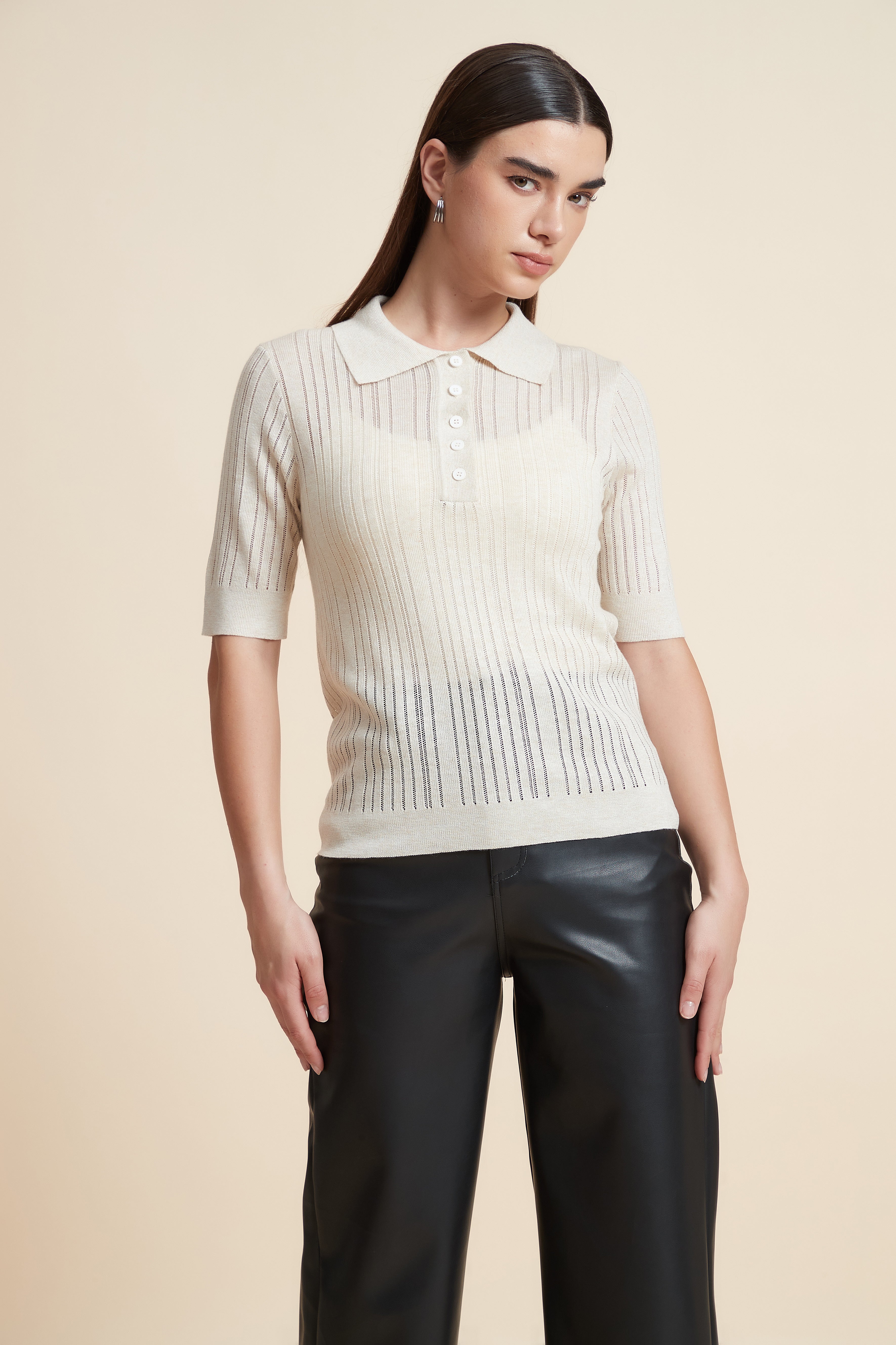 Plain Short Sleeve Shirt Collar Blouse