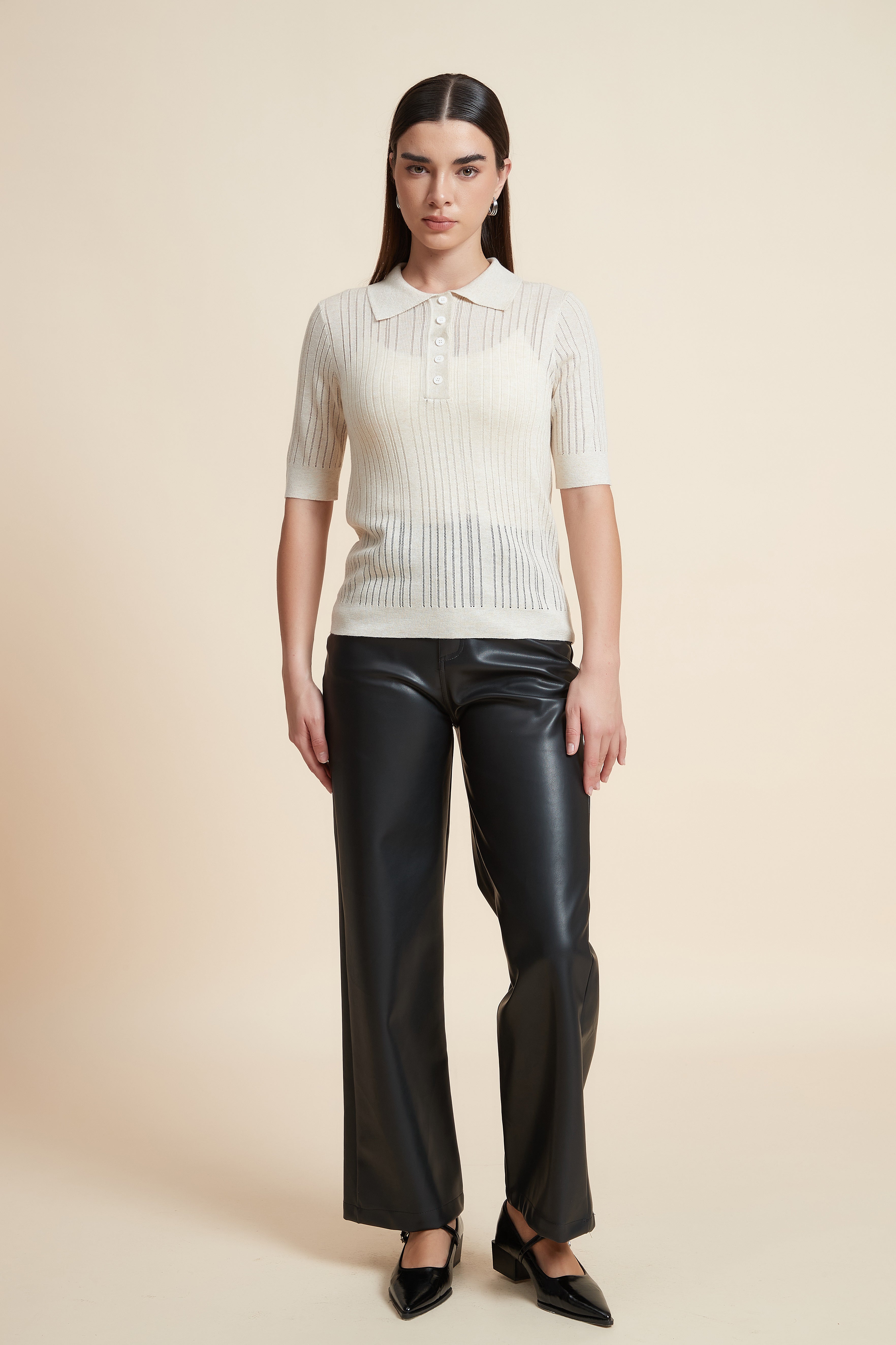 Plain Short Sleeve Shirt Collar Blouse