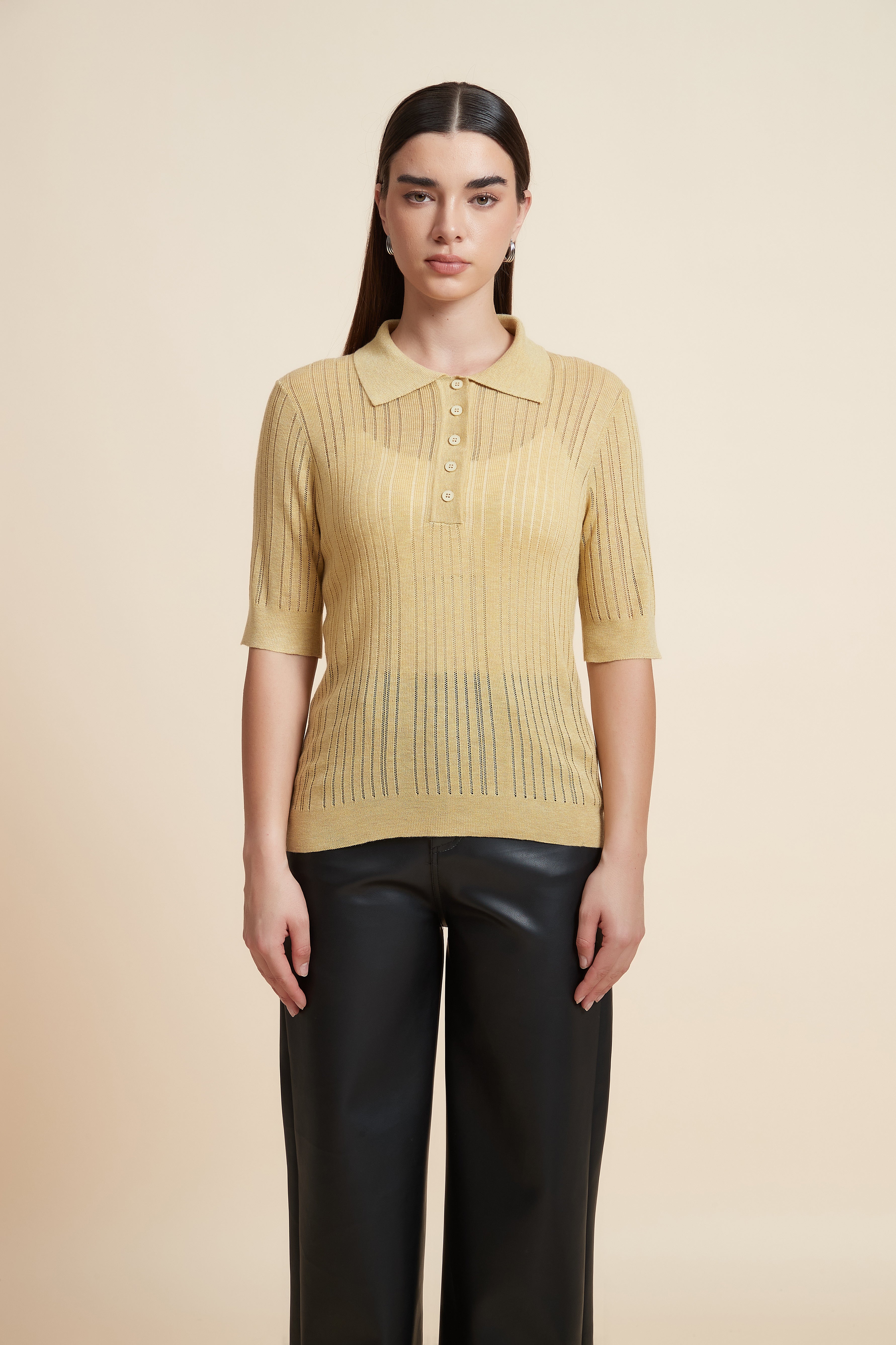 Plain Short Sleeve Shirt Collar Blouse