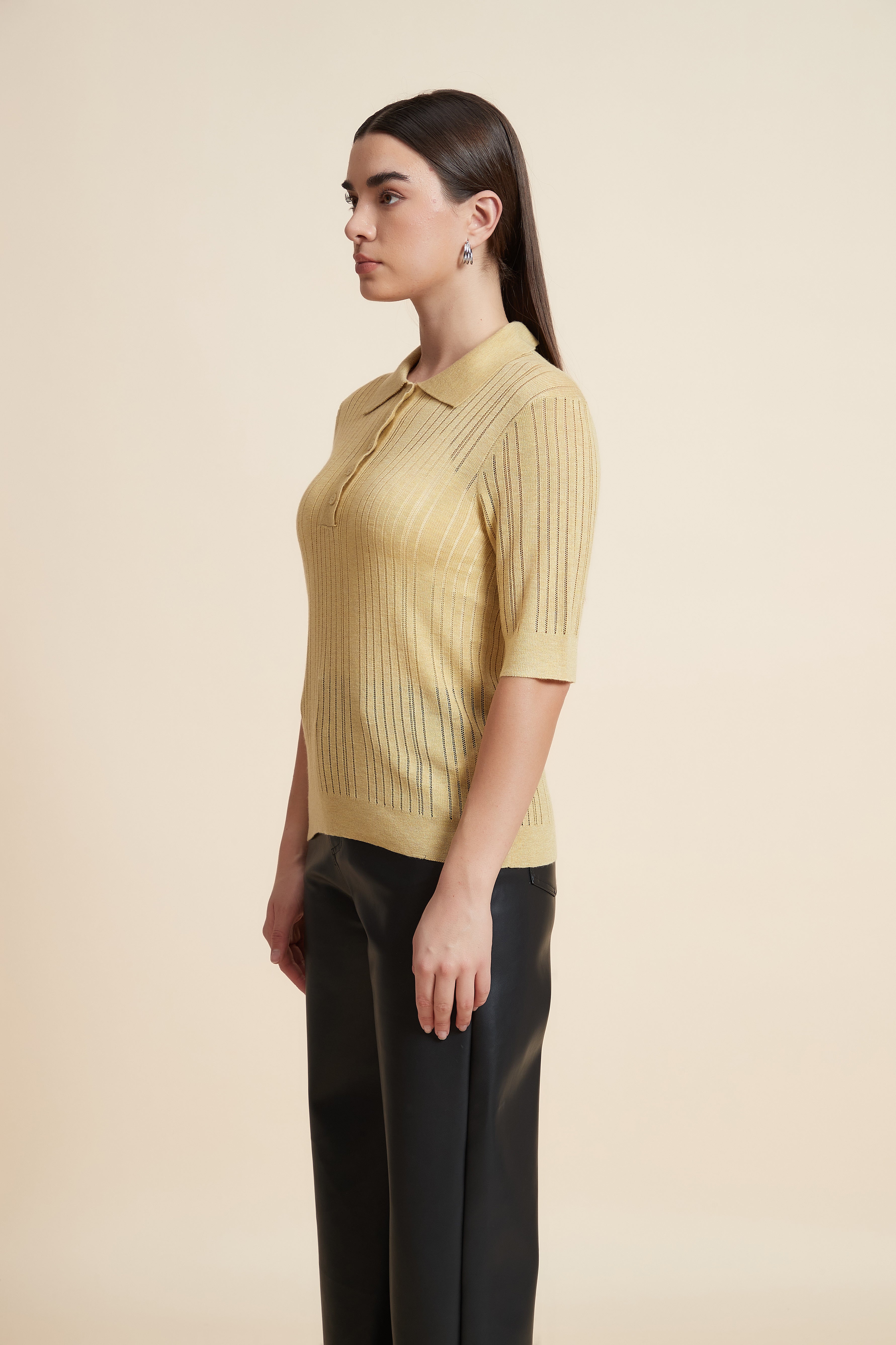 Plain Short Sleeve Shirt Collar Blouse