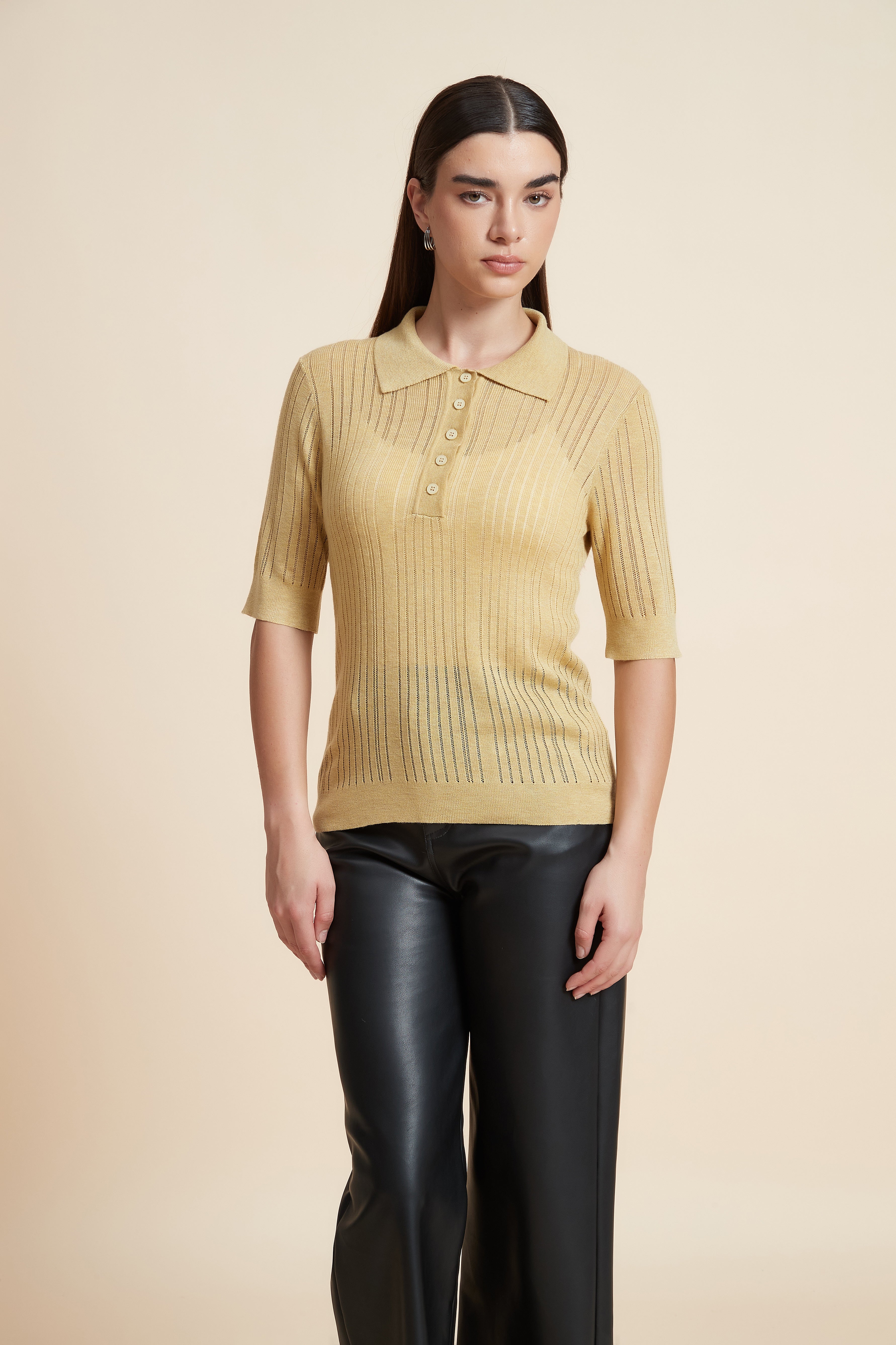 Plain Short Sleeve Shirt Collar Blouse