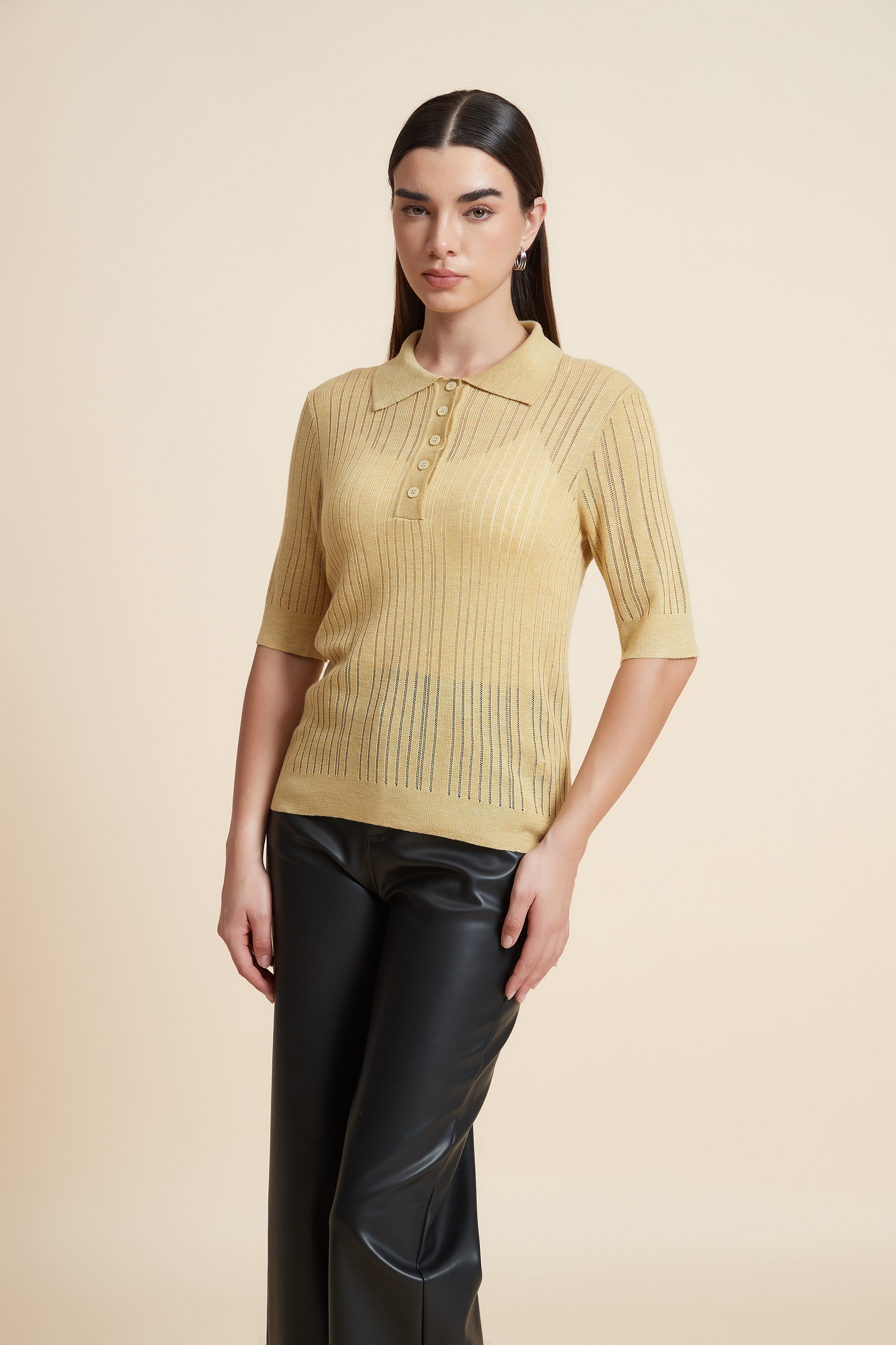 Plain Short Sleeve Shirt Collar Blouse