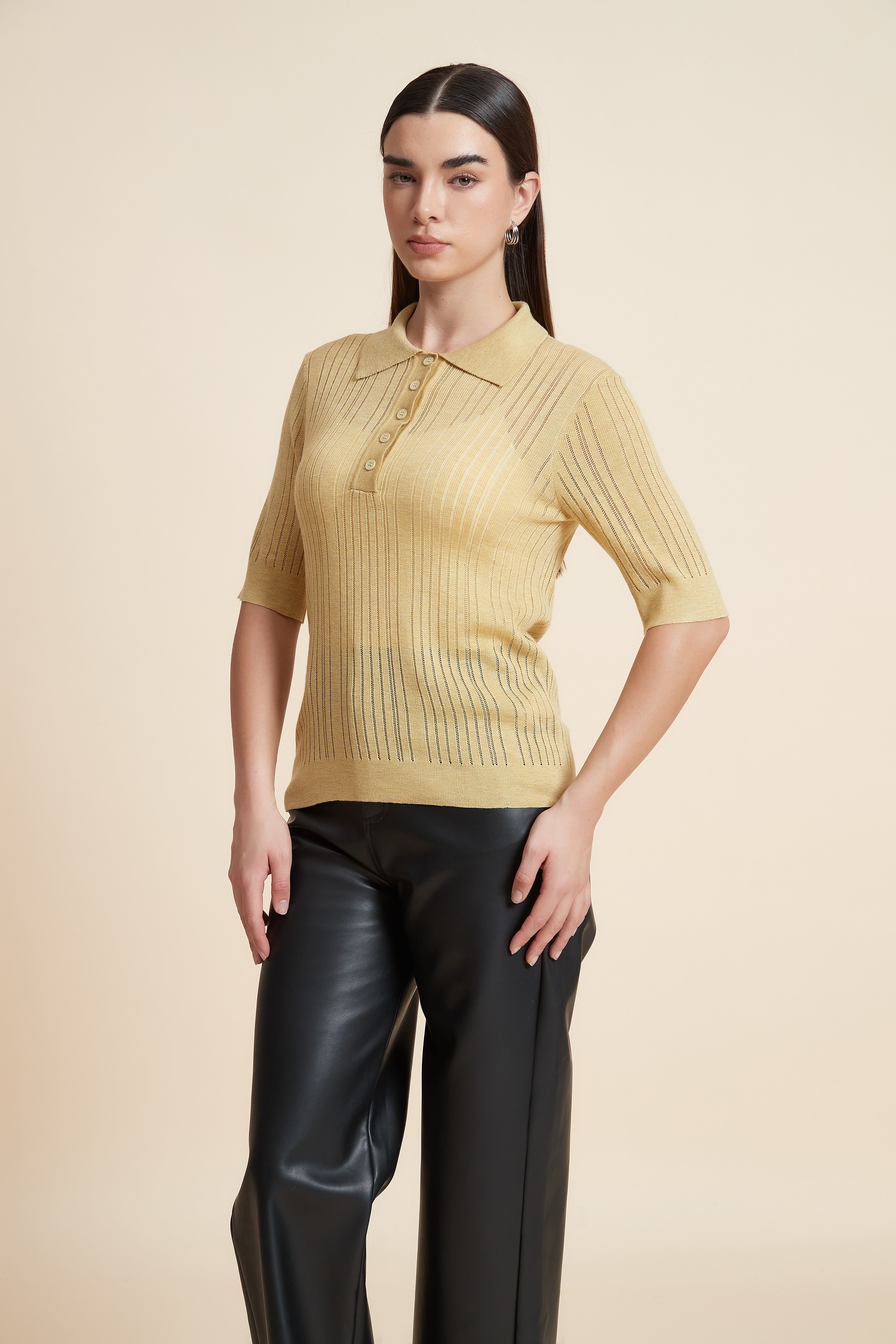 Plain Short Sleeve Shirt Collar Blouse