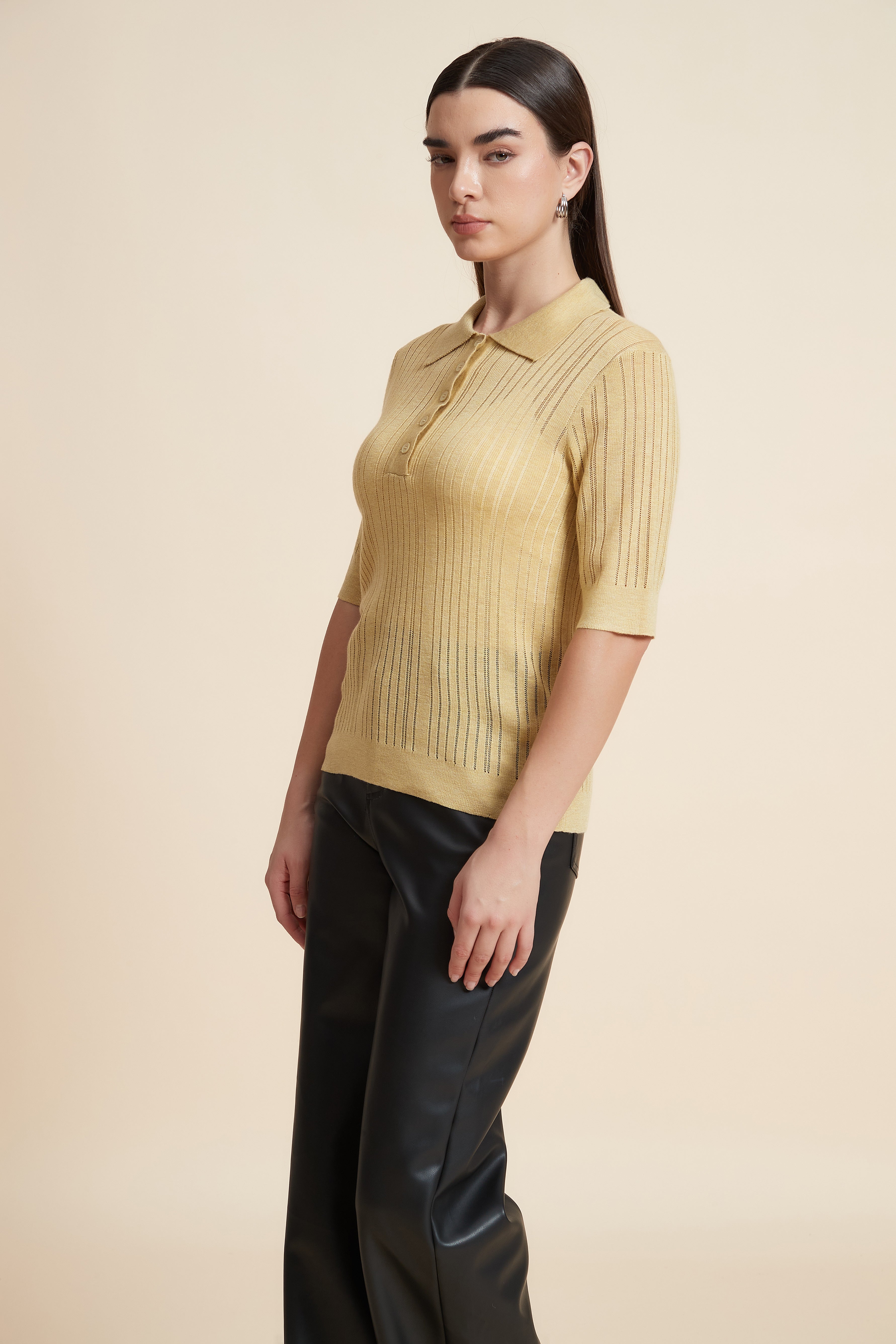 Plain Short Sleeve Shirt Collar Blouse