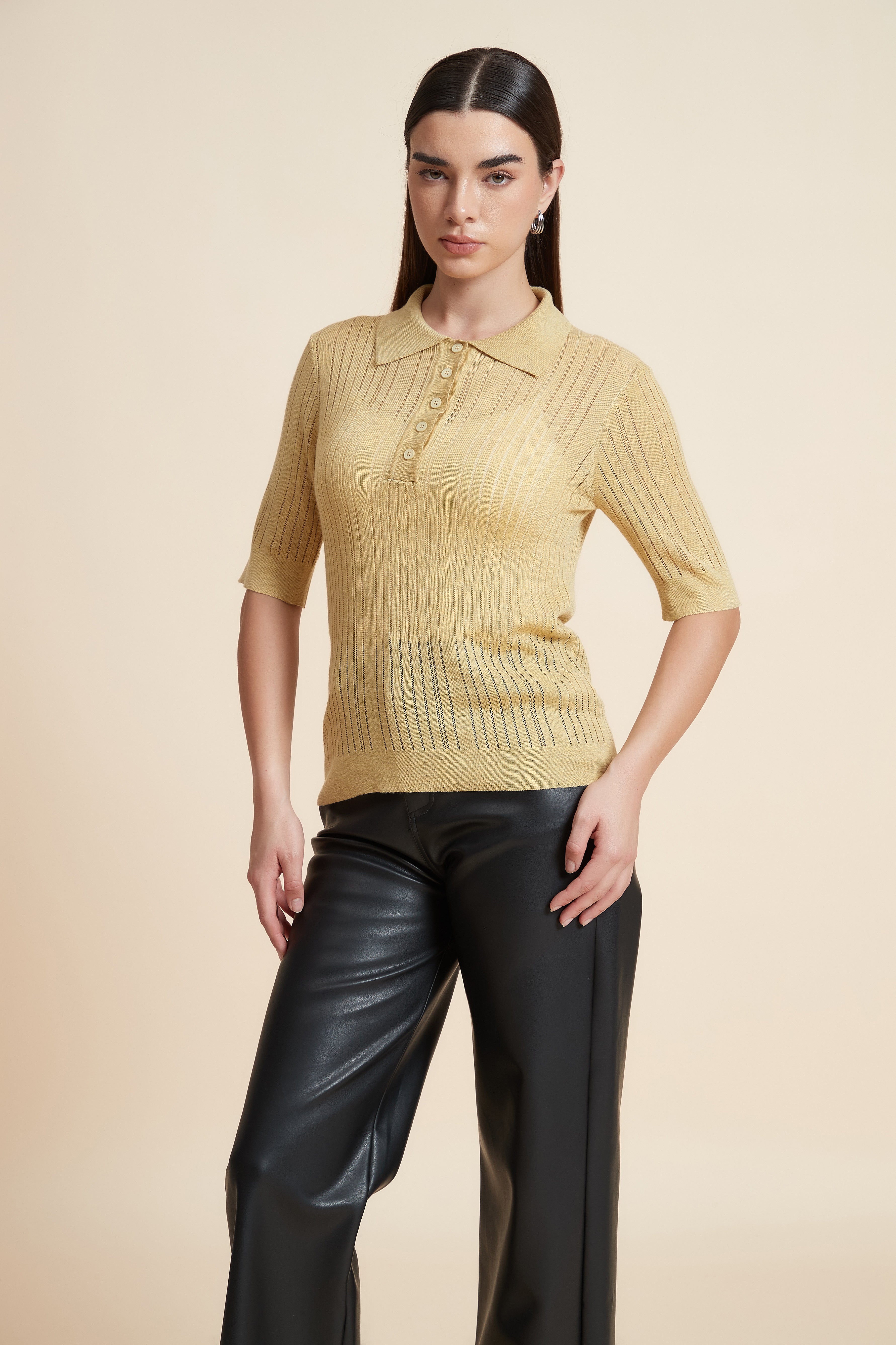 Plain Short Sleeve Shirt Collar Blouse