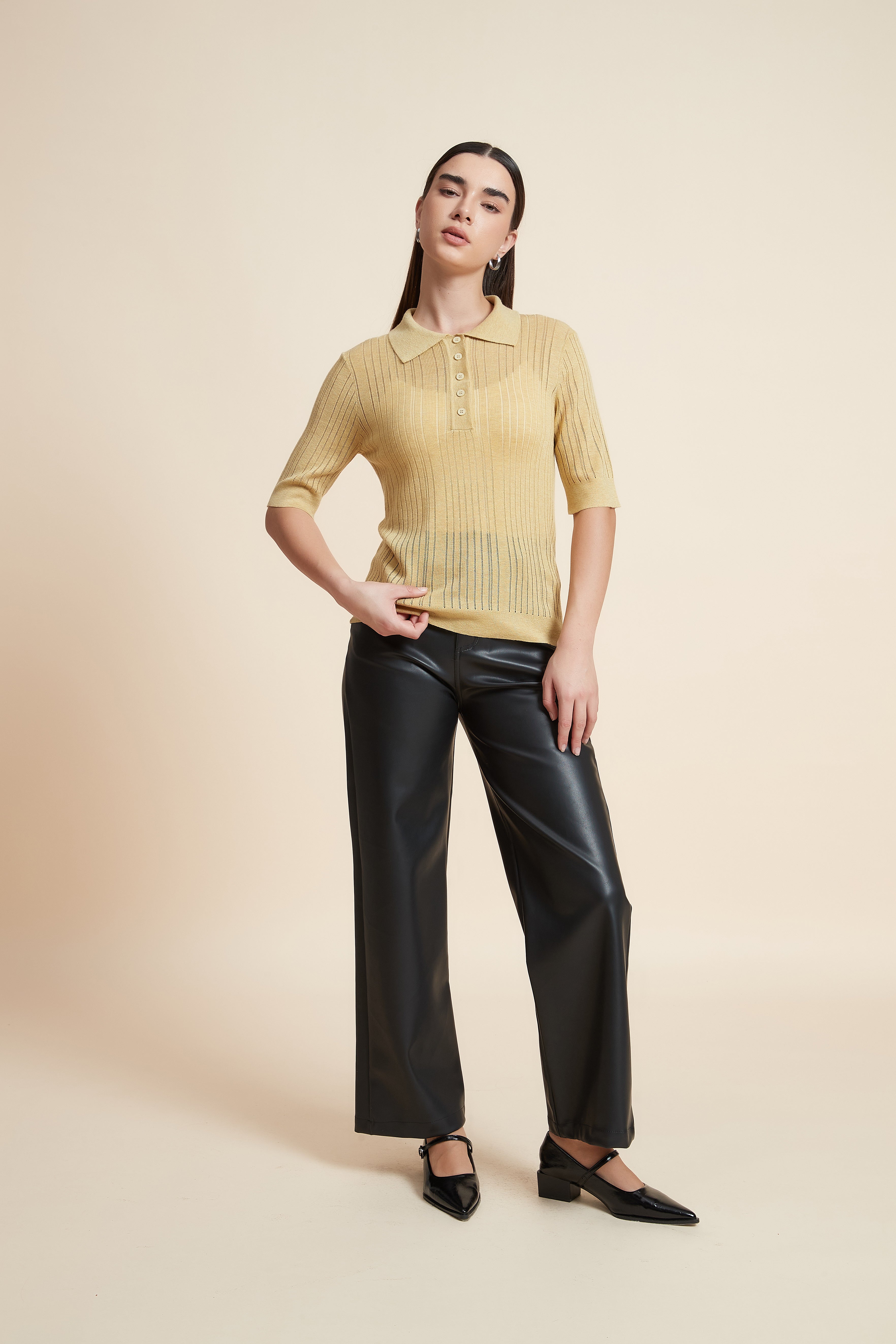 Plain Short Sleeve Shirt Collar Blouse