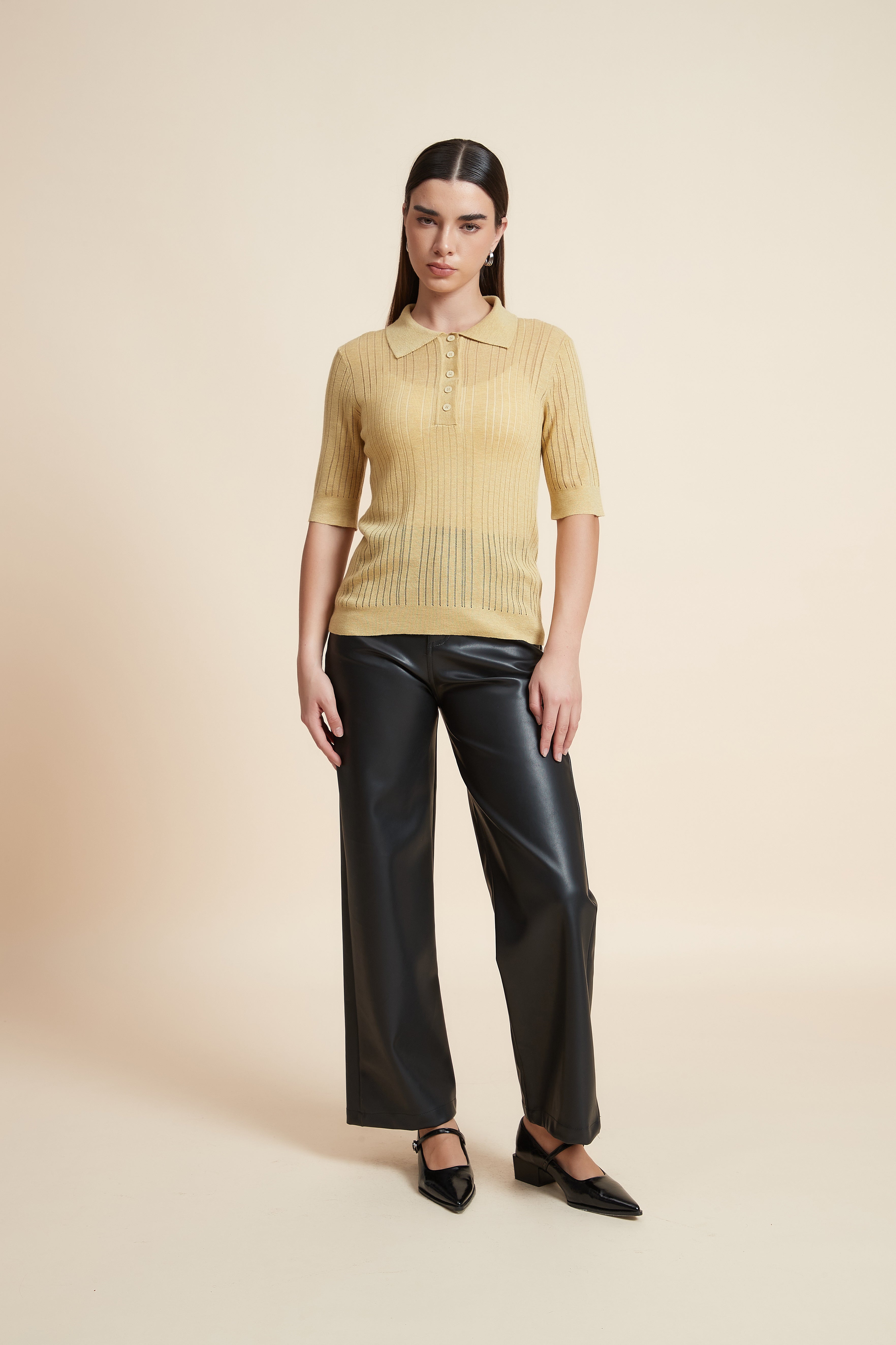 Plain Short Sleeve Shirt Collar Blouse