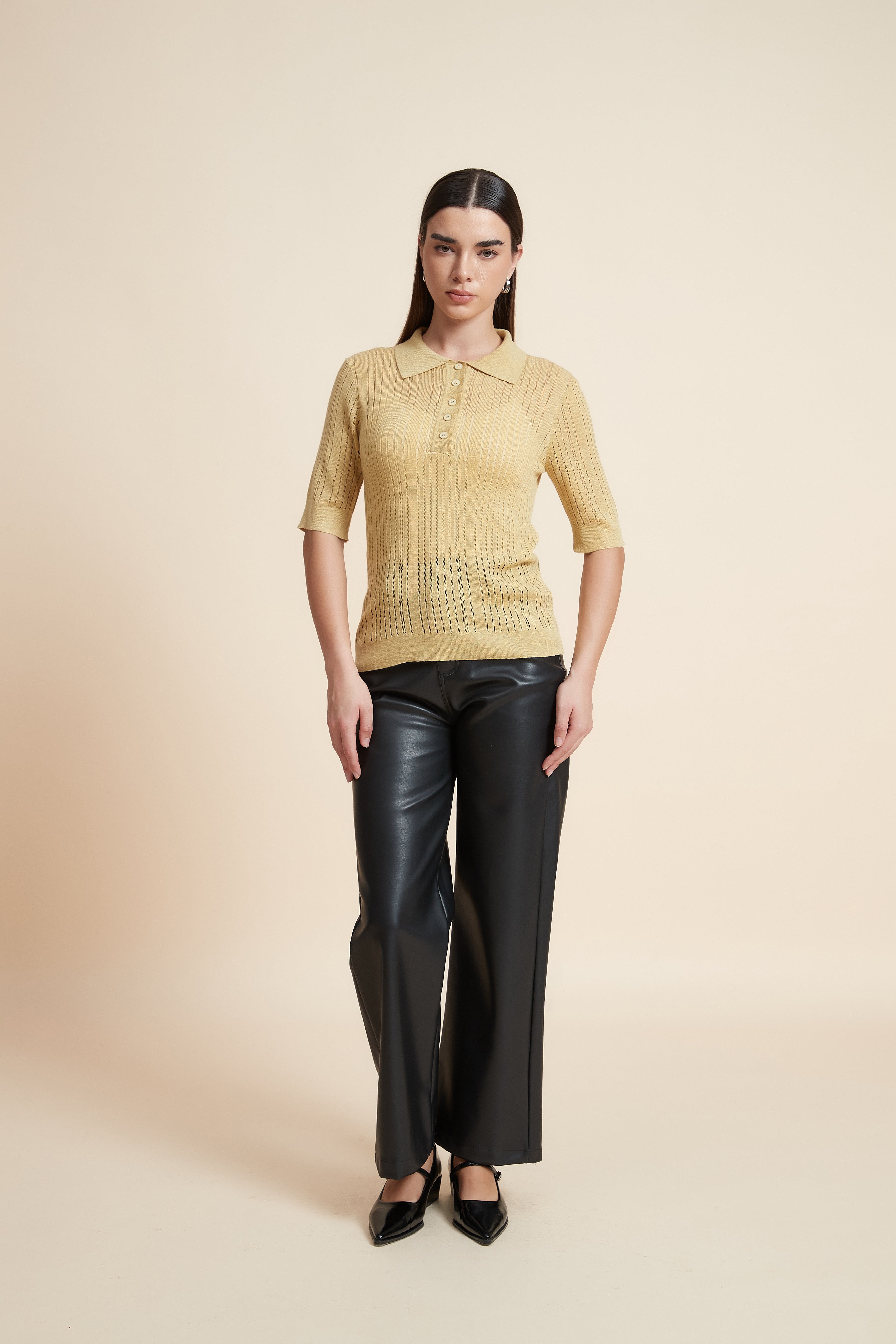 Plain Short Sleeve Shirt Collar Blouse