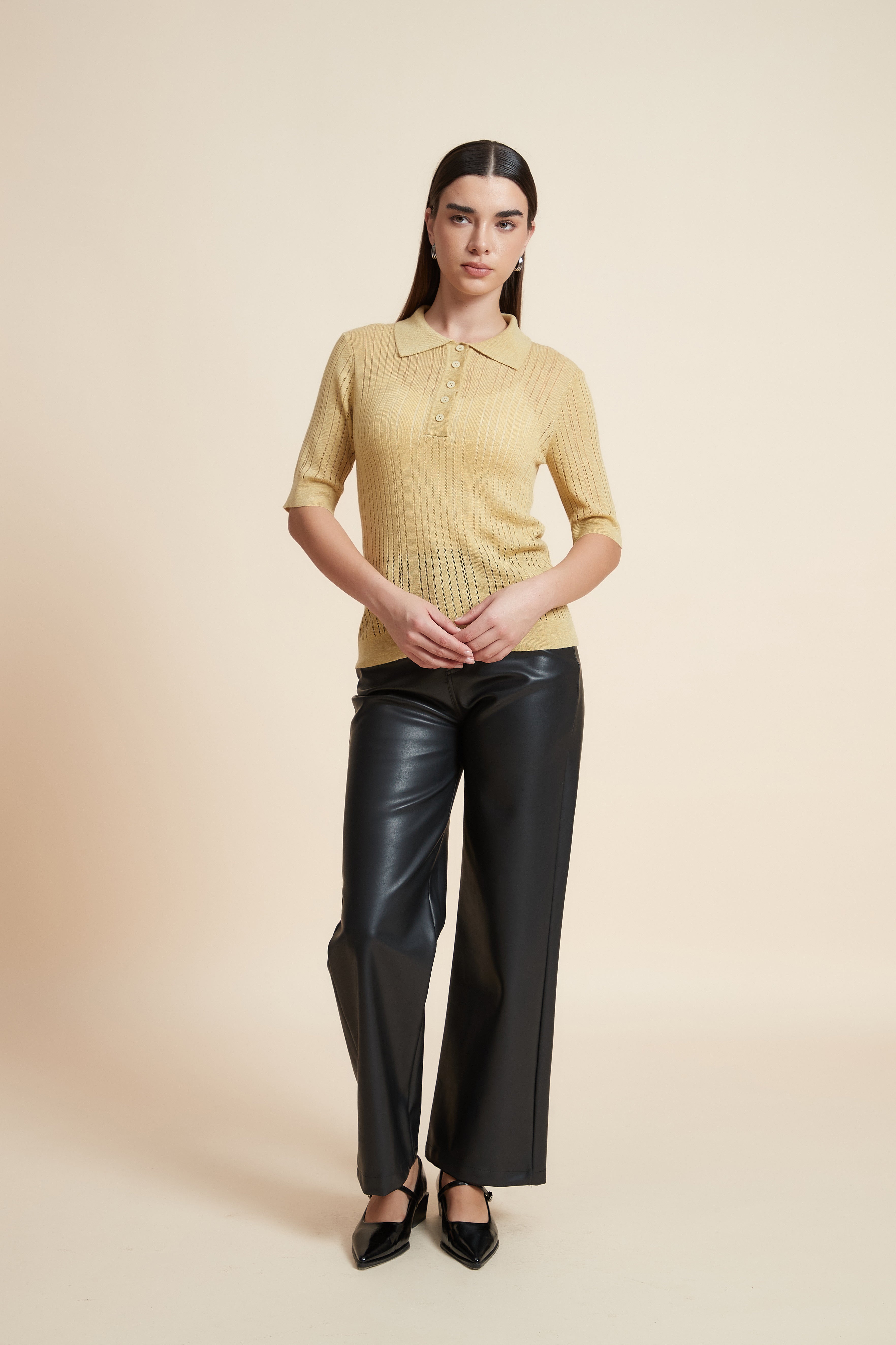 Plain Short Sleeve Shirt Collar Blouse