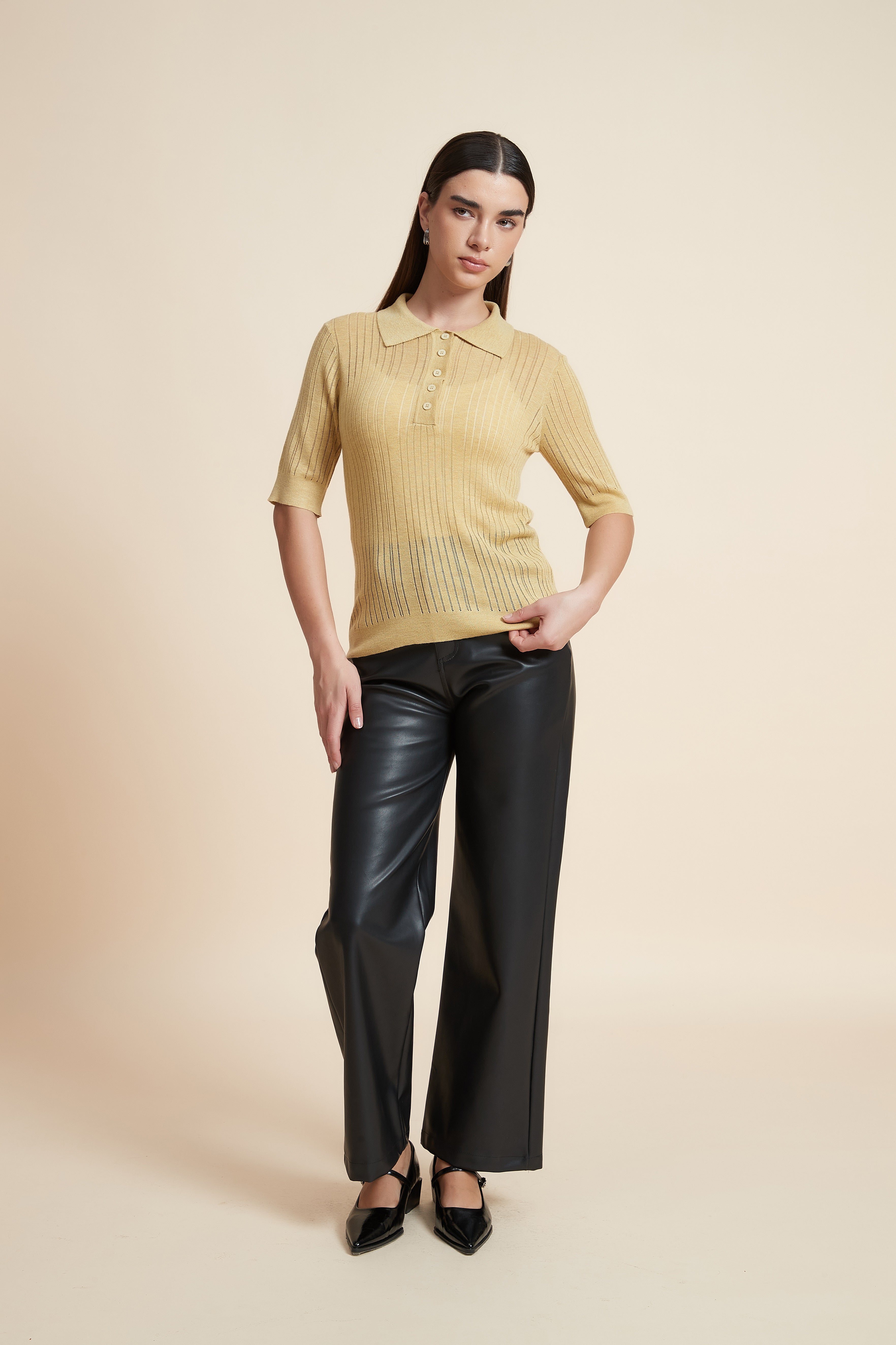 Plain Short Sleeve Shirt Collar Blouse