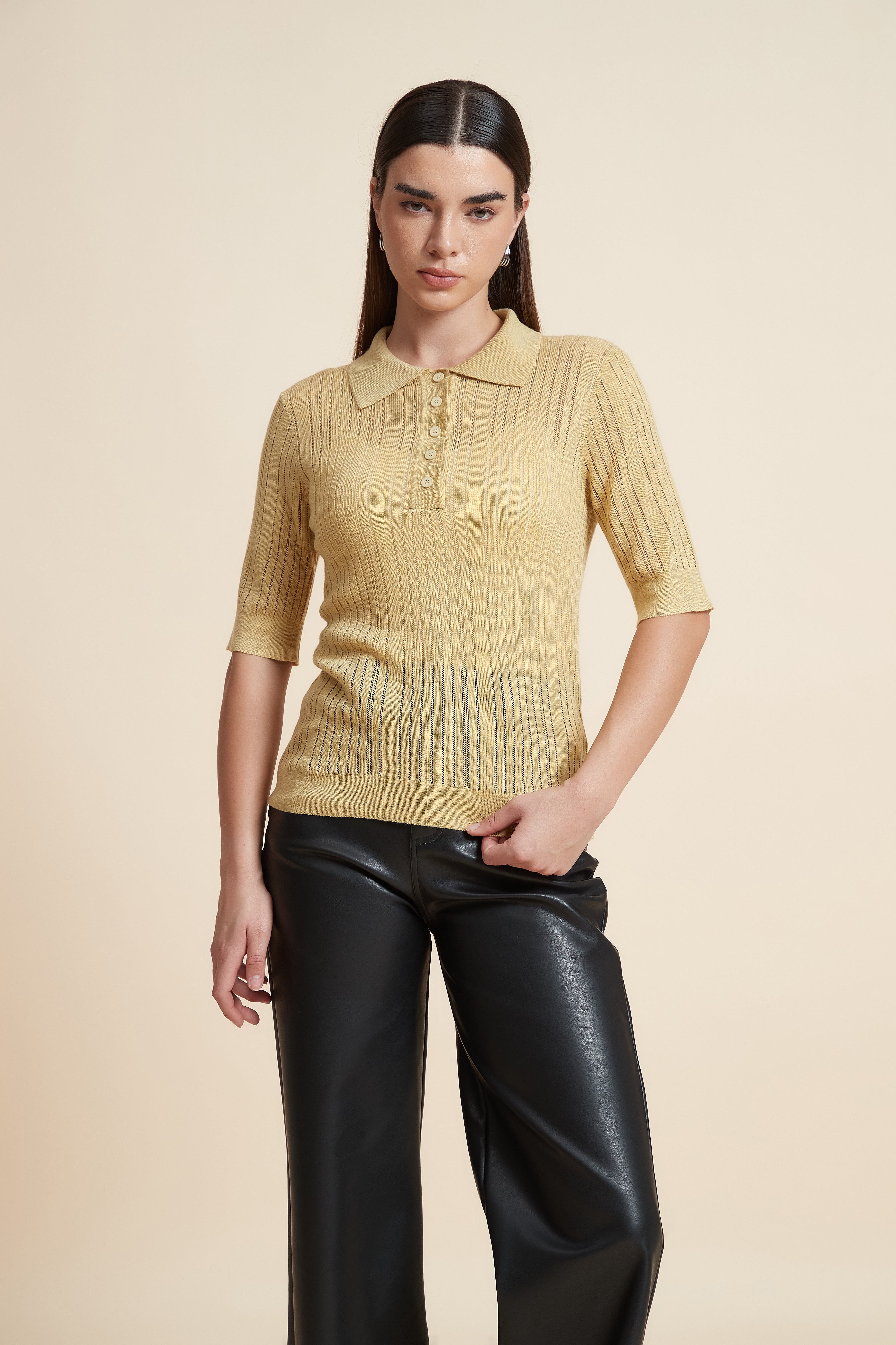 Plain Short Sleeve Shirt Collar Blouse