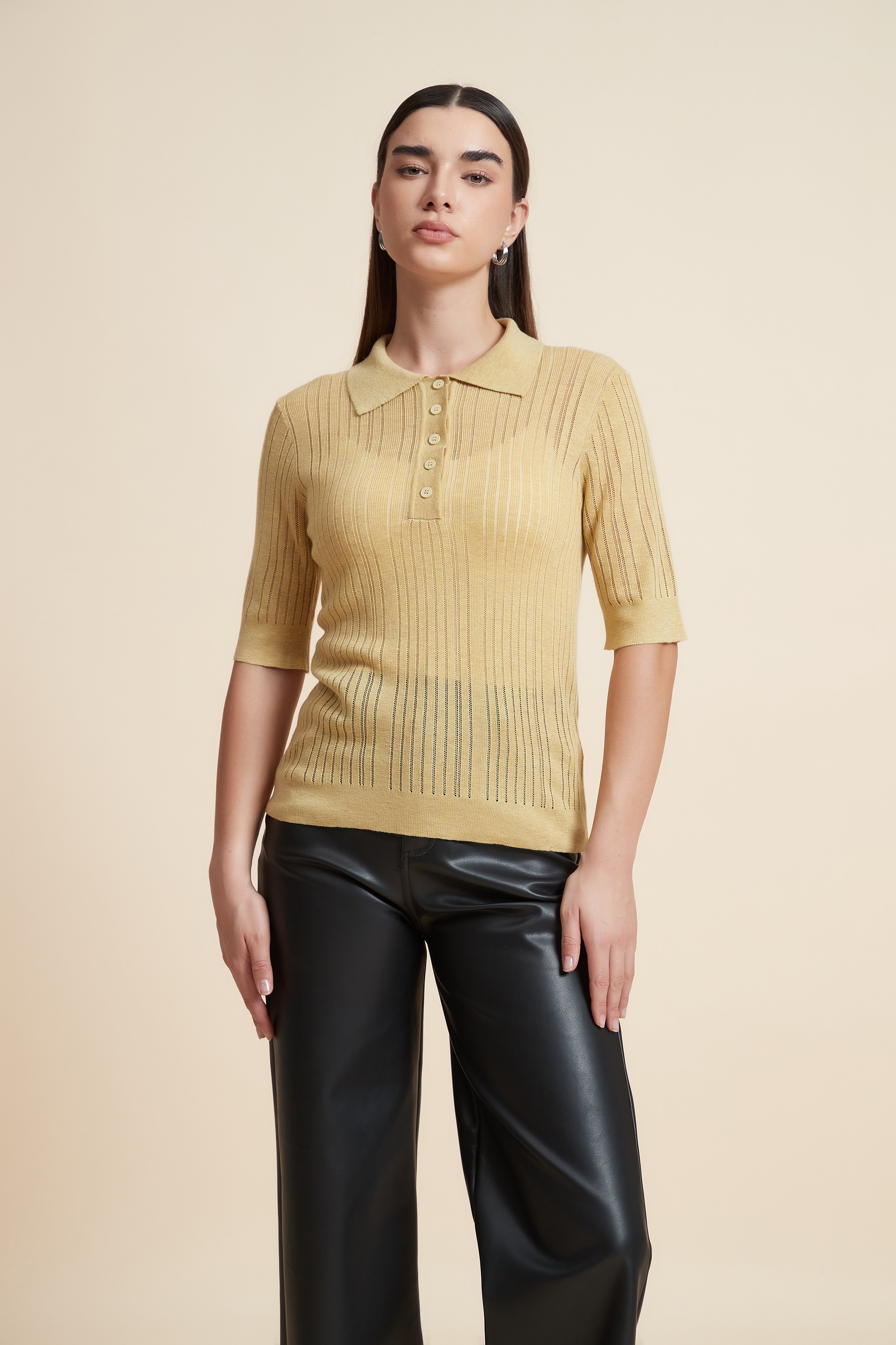 Plain Short Sleeve Shirt Collar Blouse