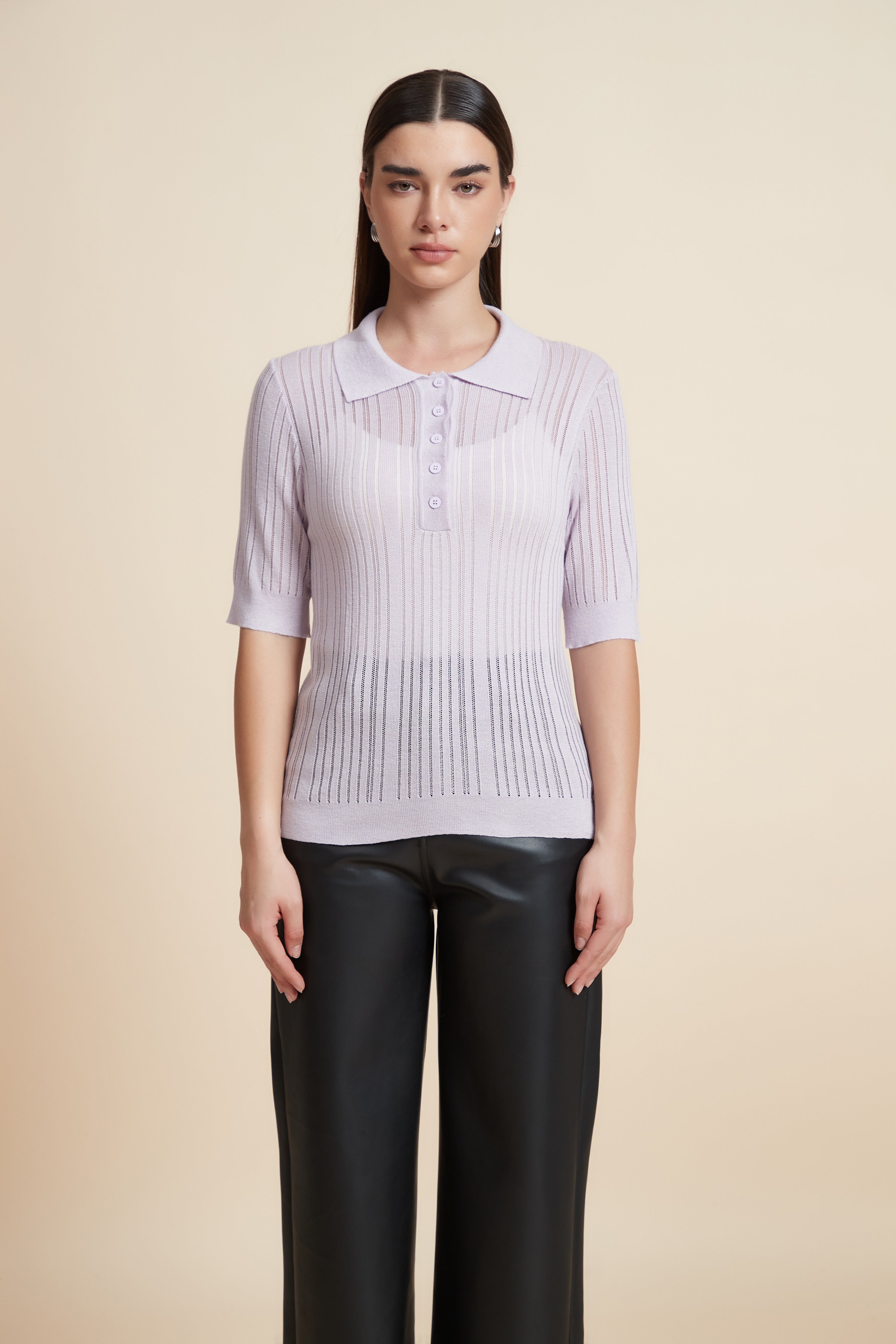Plain Short Sleeve Shirt Collar Blouse