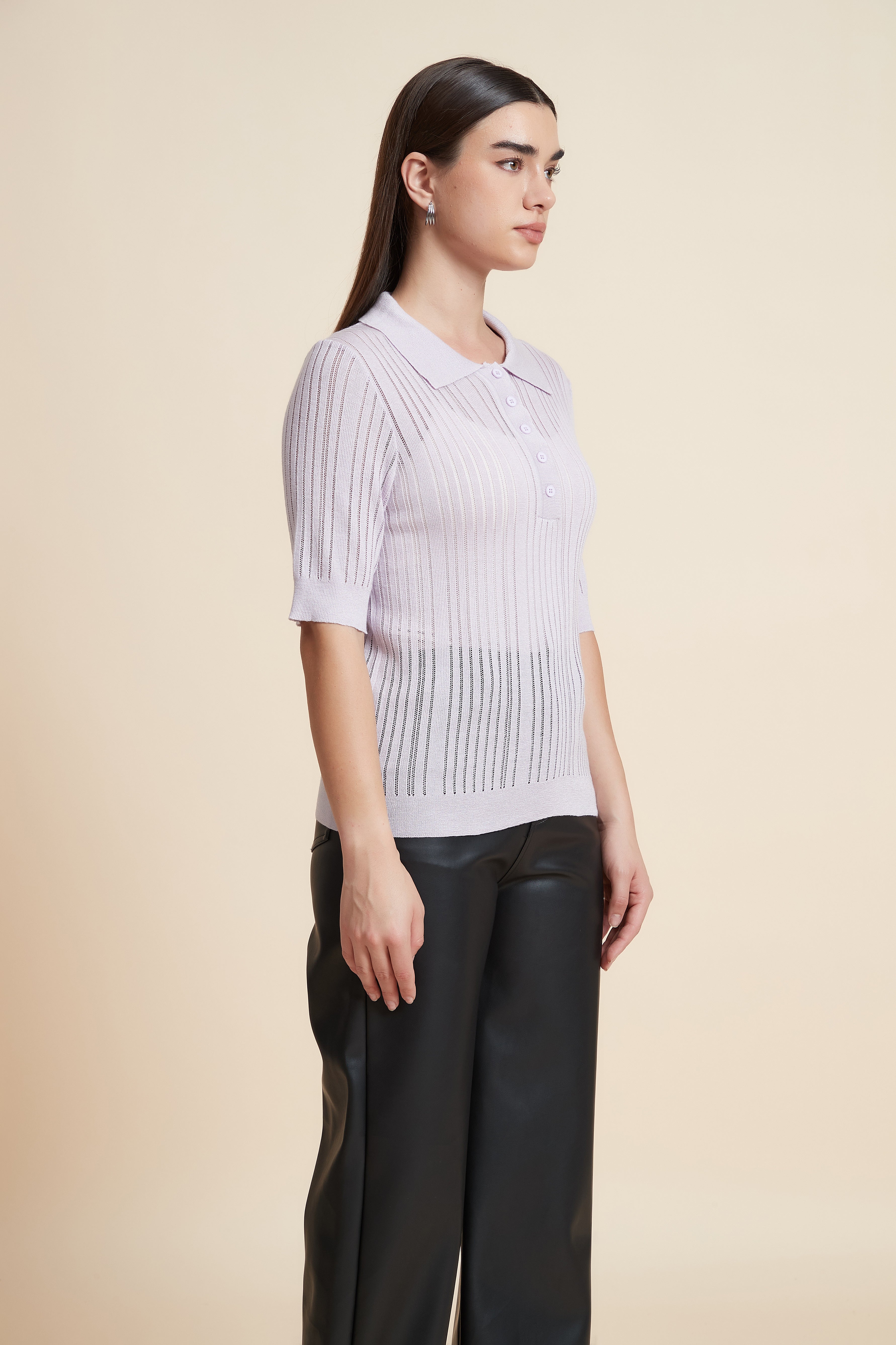 Plain Short Sleeve Shirt Collar Blouse