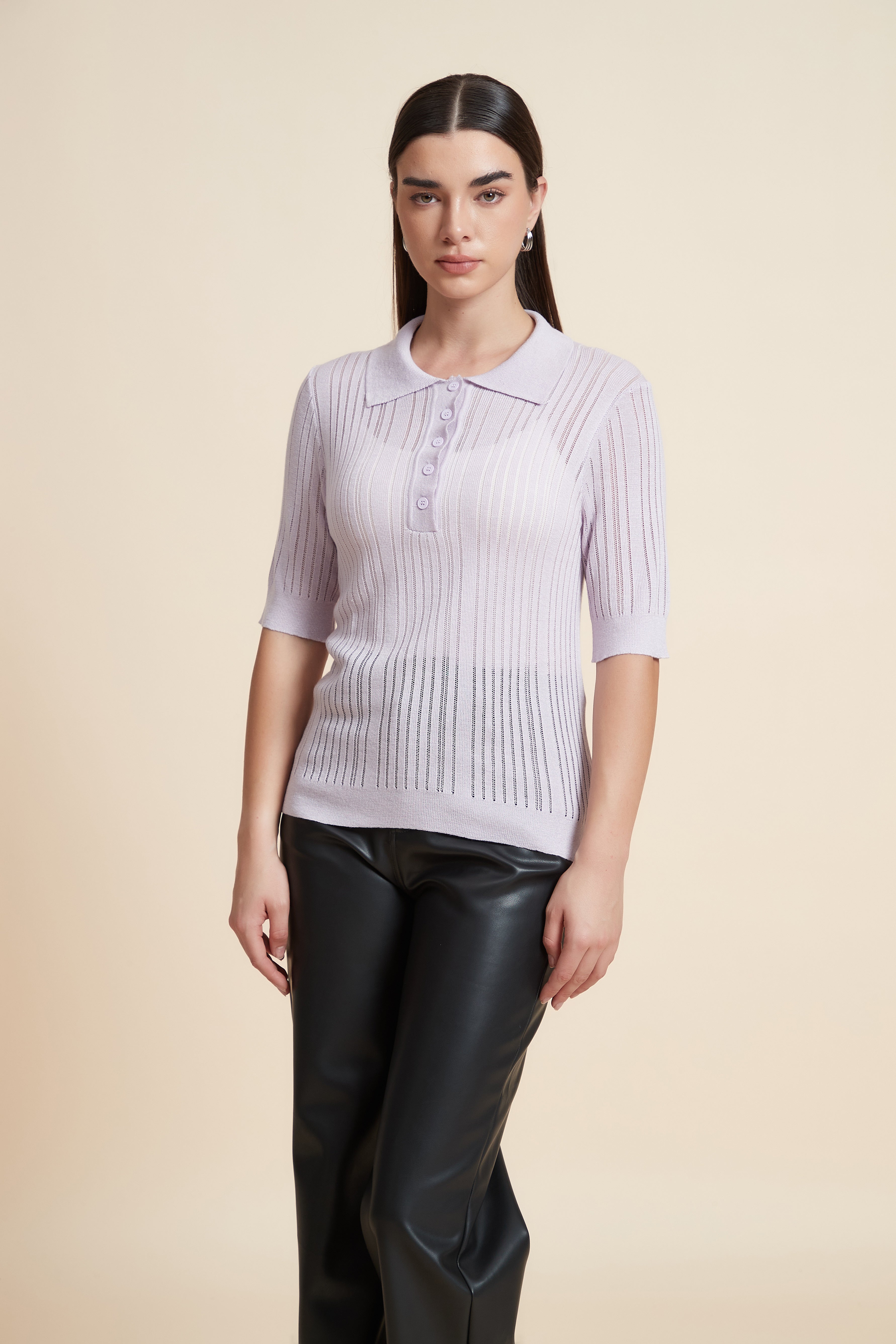 Plain Short Sleeve Shirt Collar Blouse