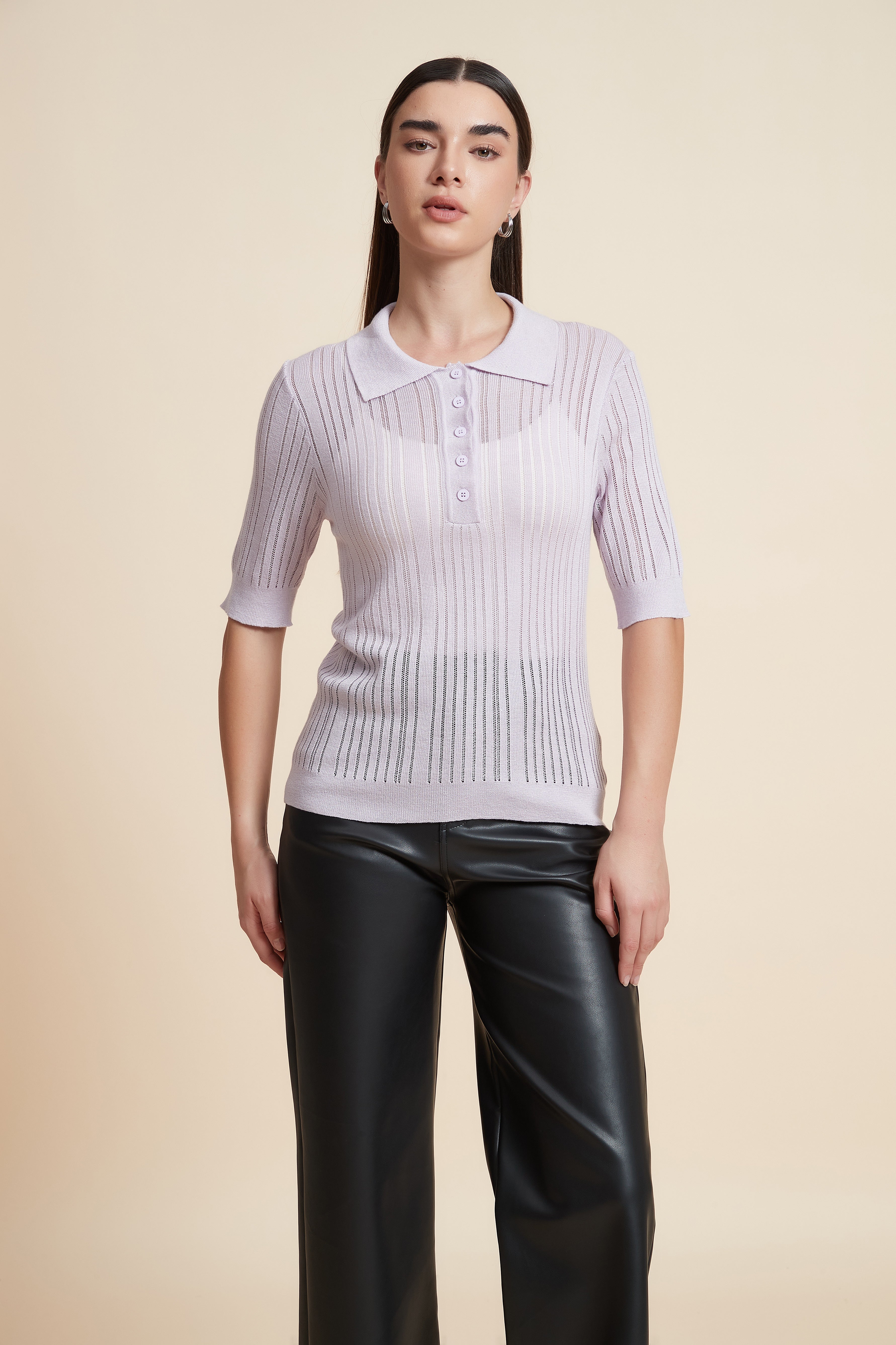 Plain Short Sleeve Shirt Collar Blouse