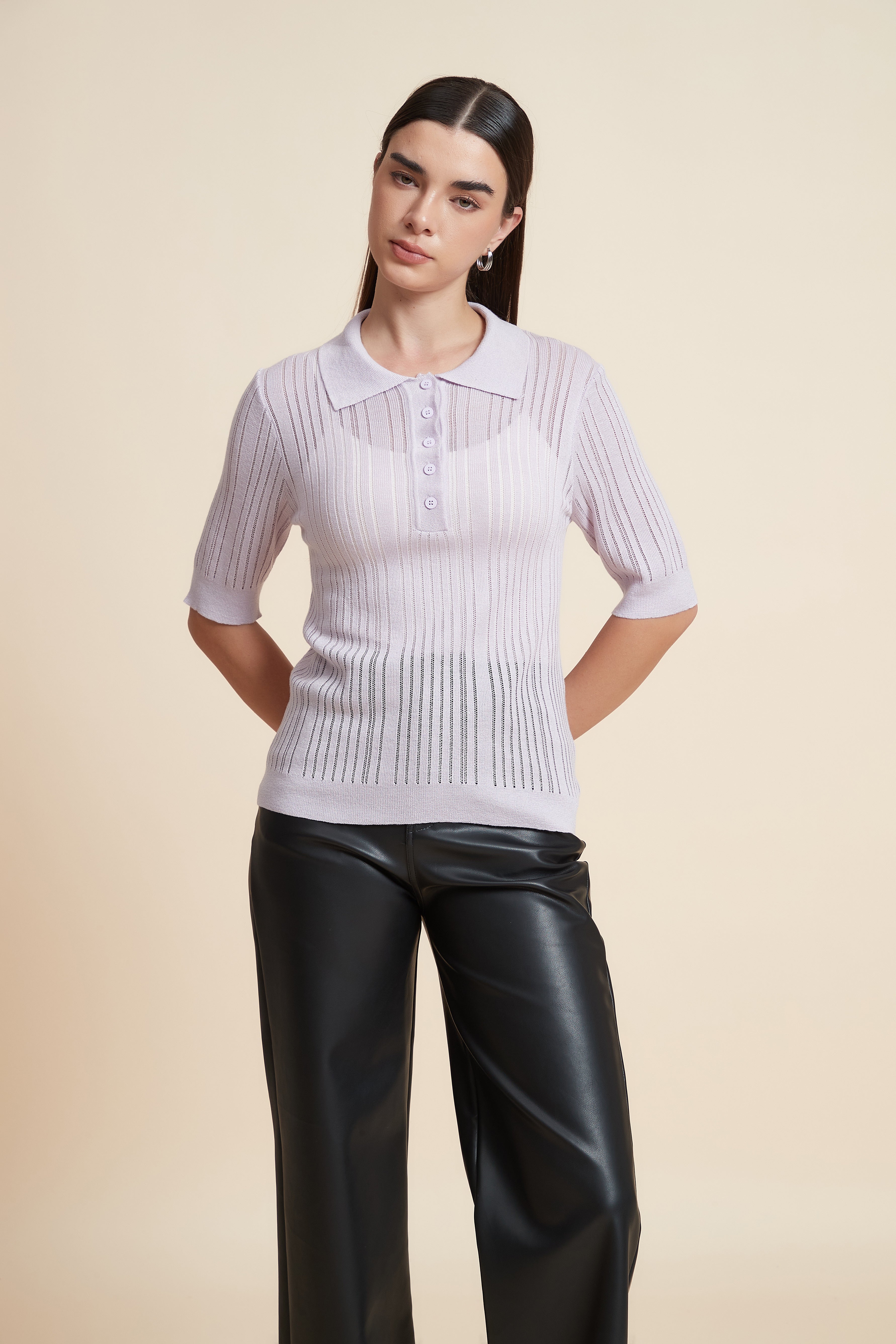 Plain Short Sleeve Shirt Collar Blouse