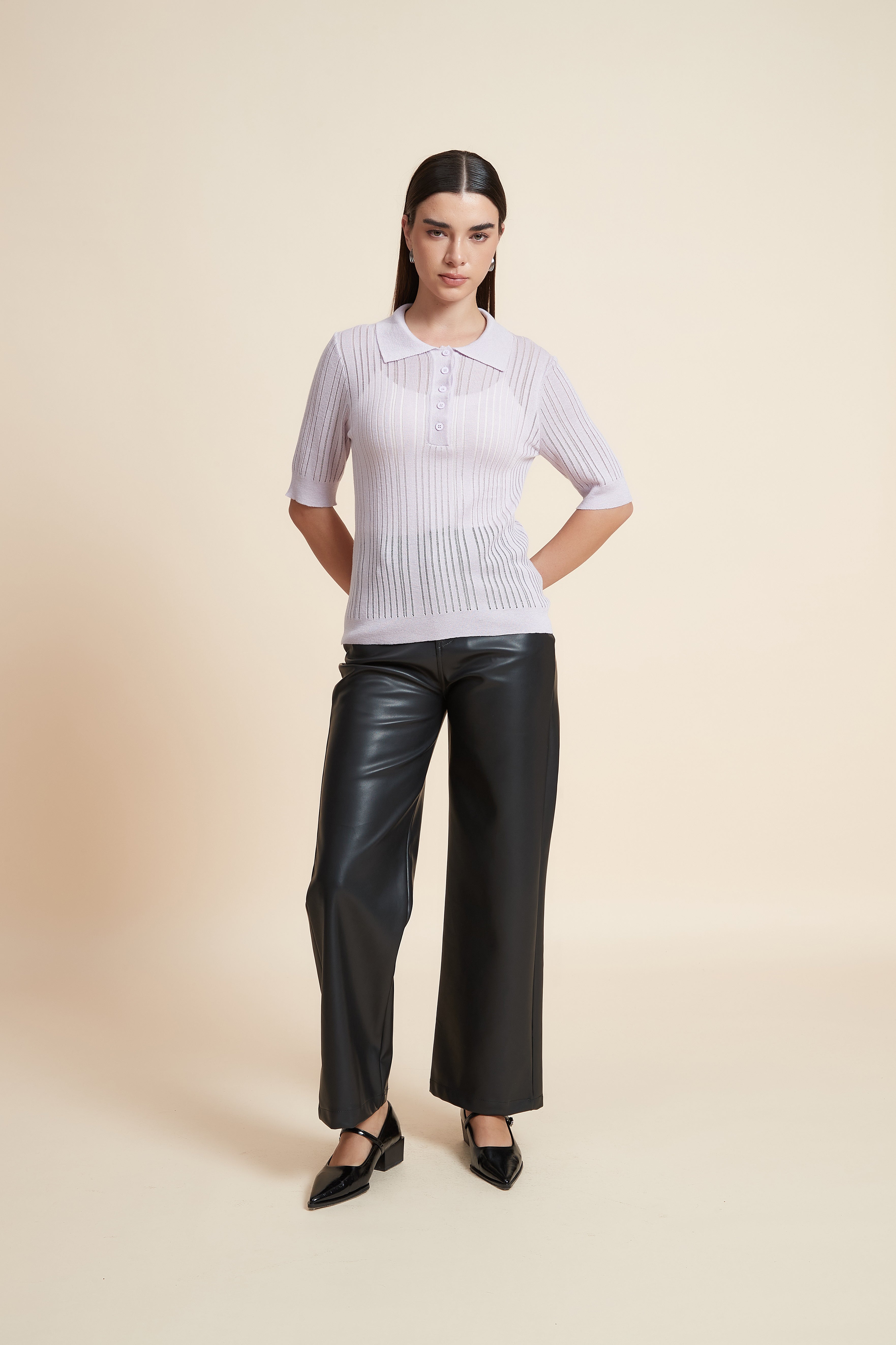 Plain Short Sleeve Shirt Collar Blouse