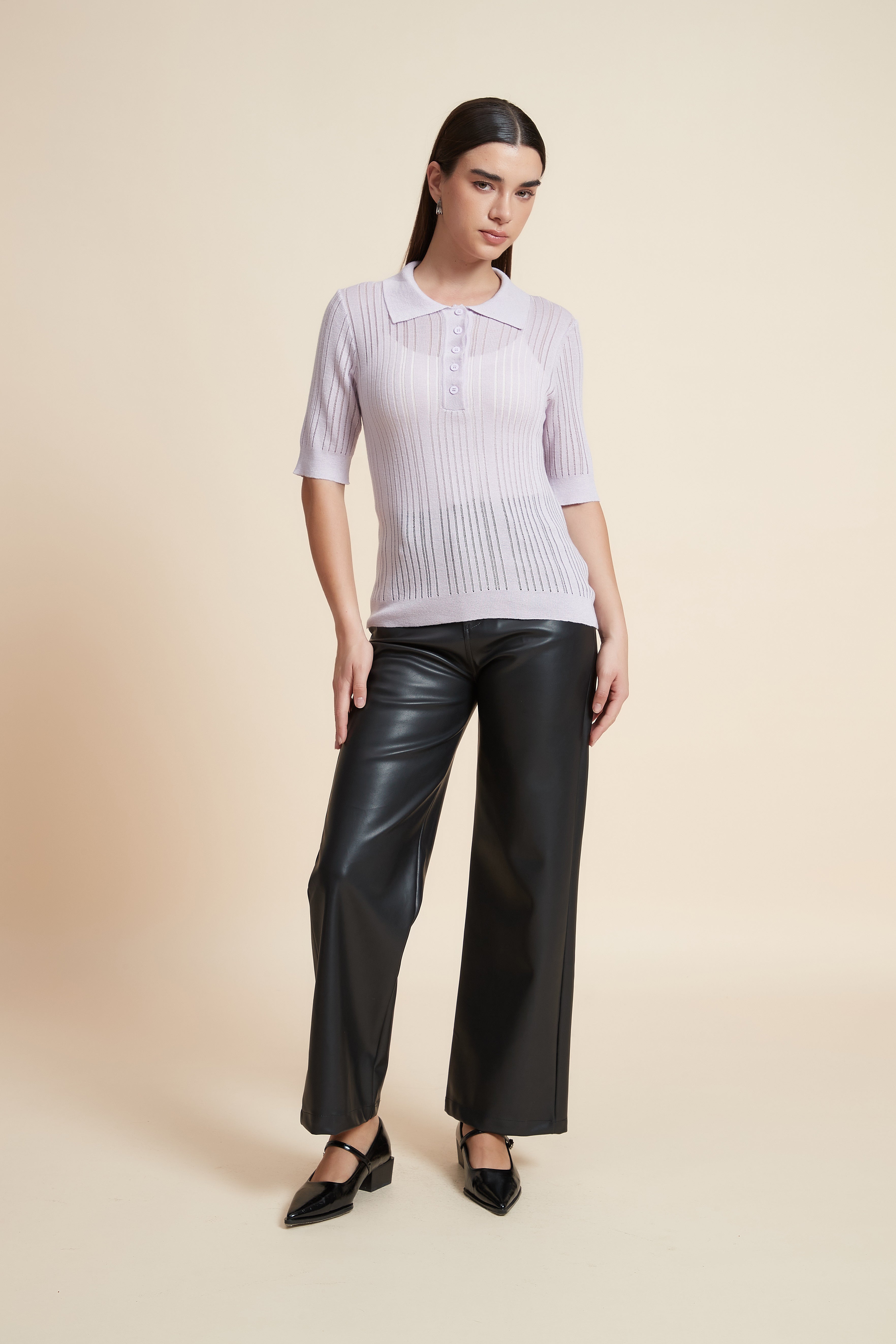 Plain Short Sleeve Shirt Collar Blouse