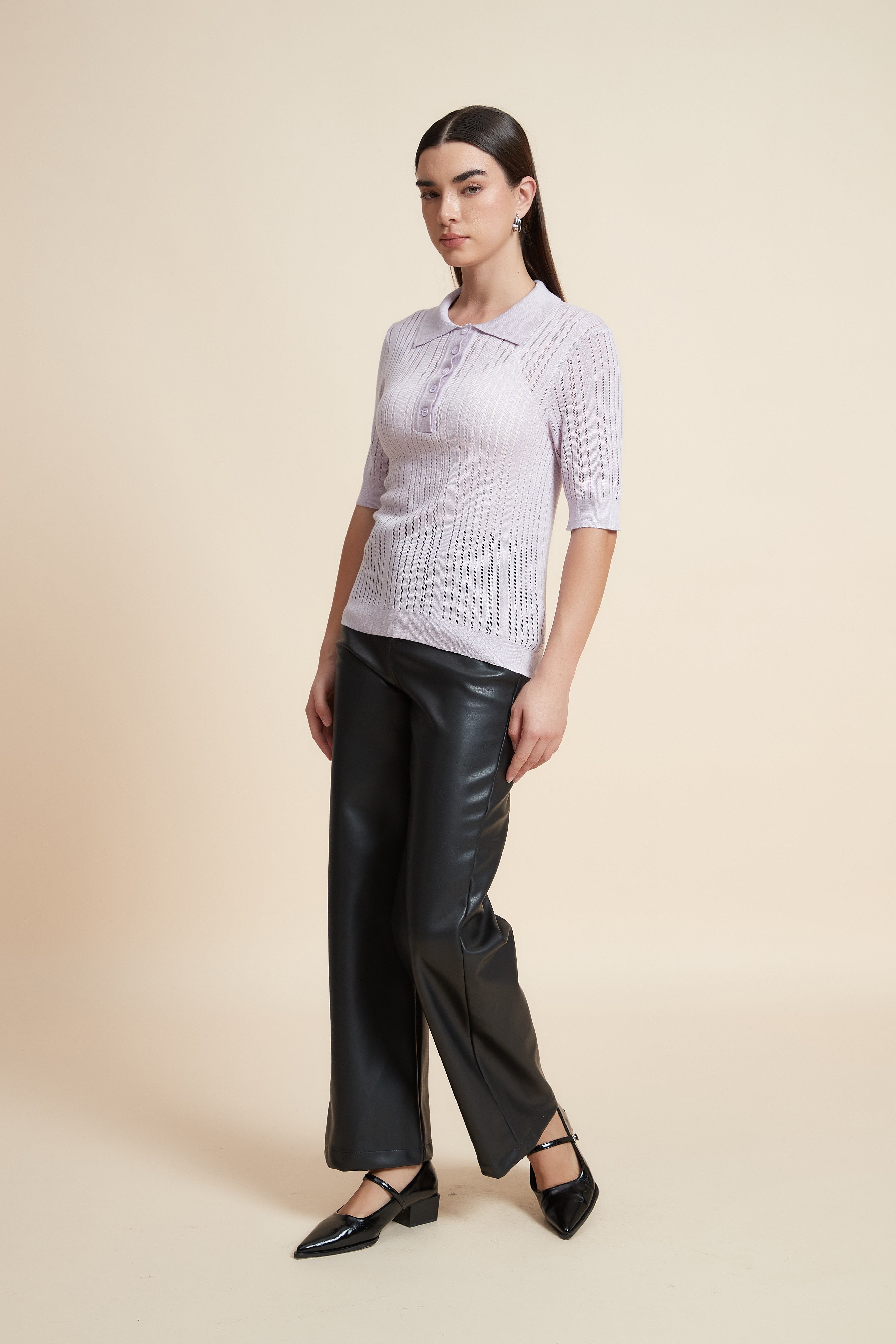 Plain Short Sleeve Shirt Collar Blouse