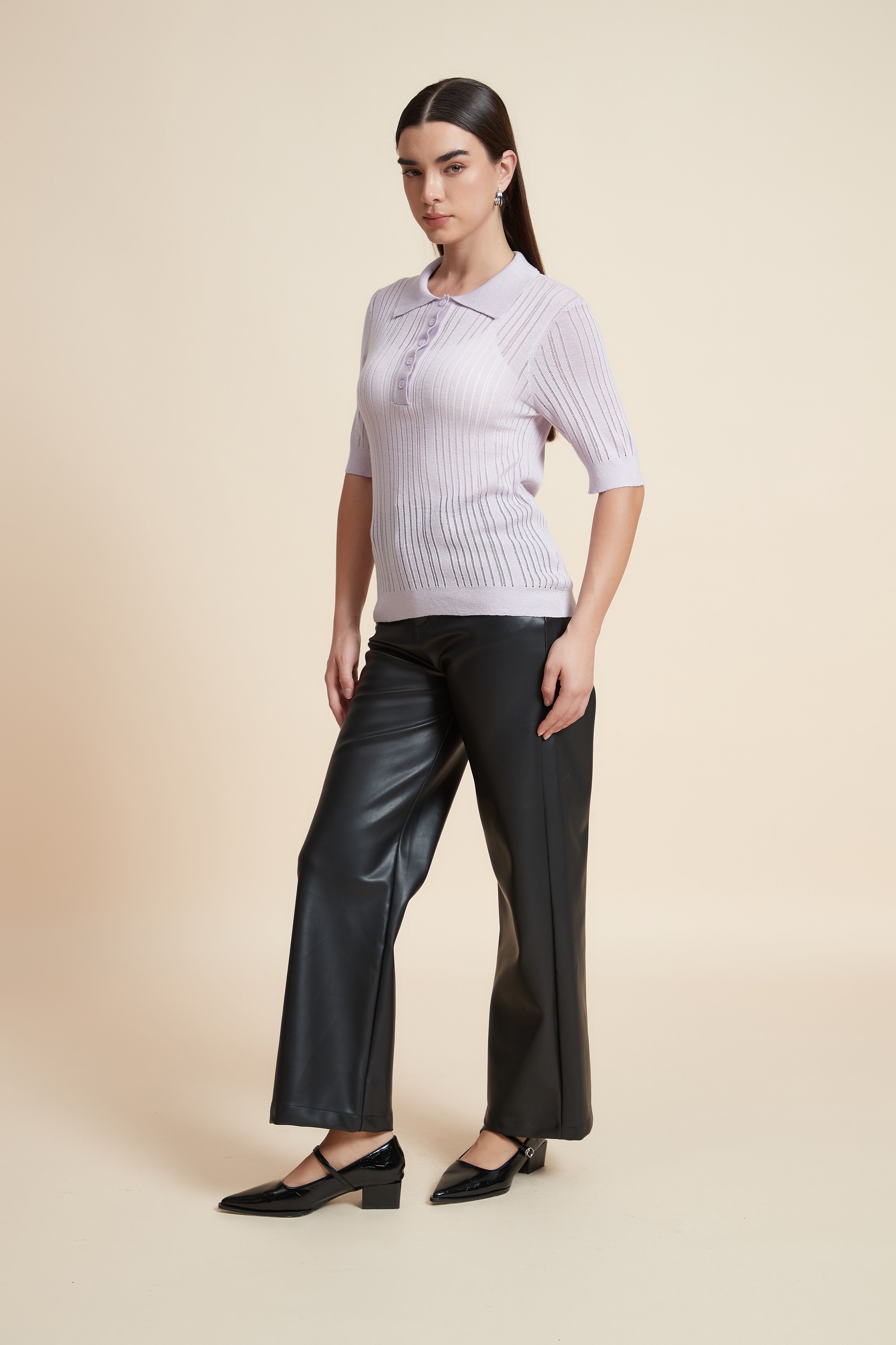 Plain Short Sleeve Shirt Collar Blouse