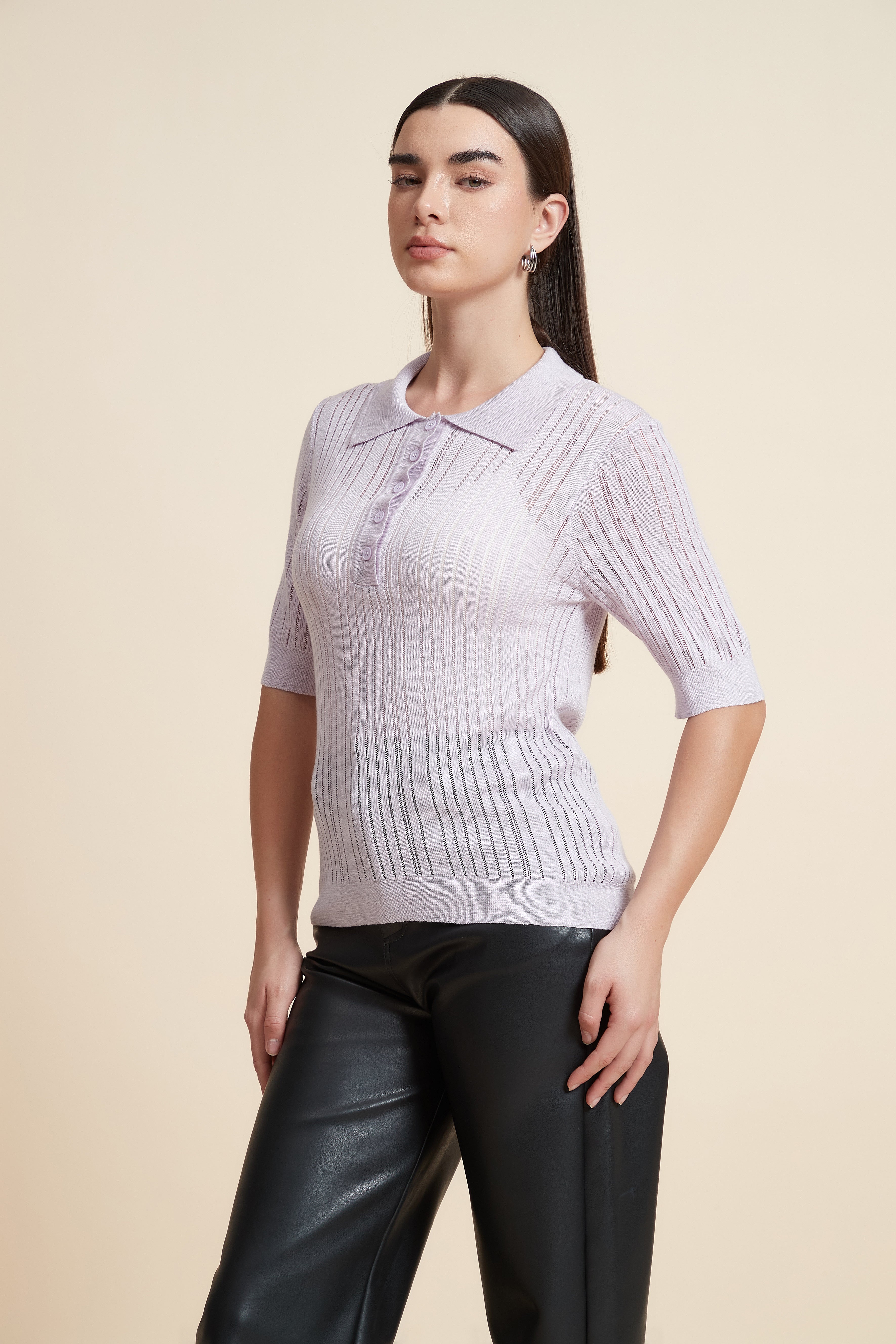 Plain Short Sleeve Shirt Collar Blouse