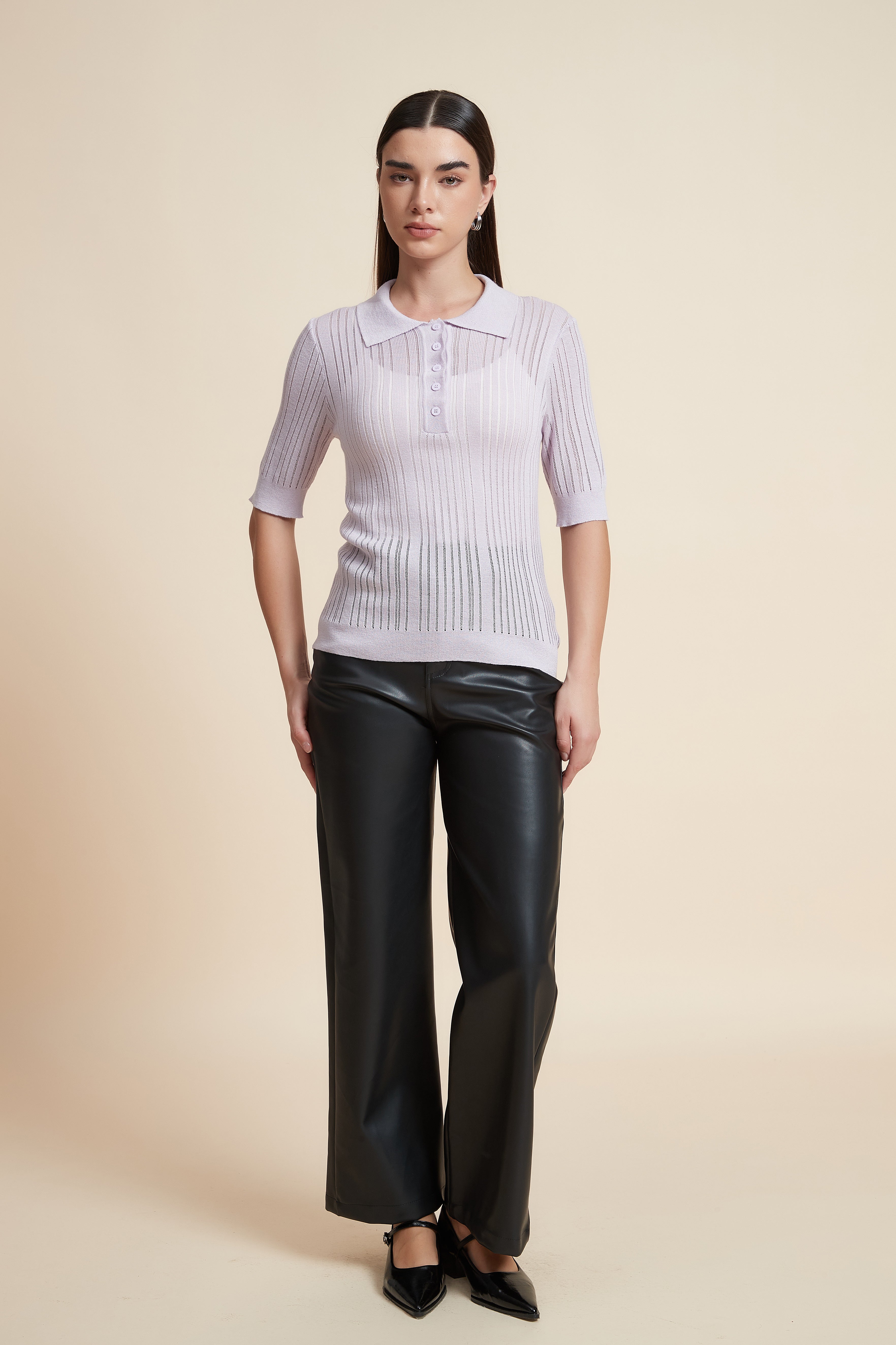 Plain Short Sleeve Shirt Collar Blouse