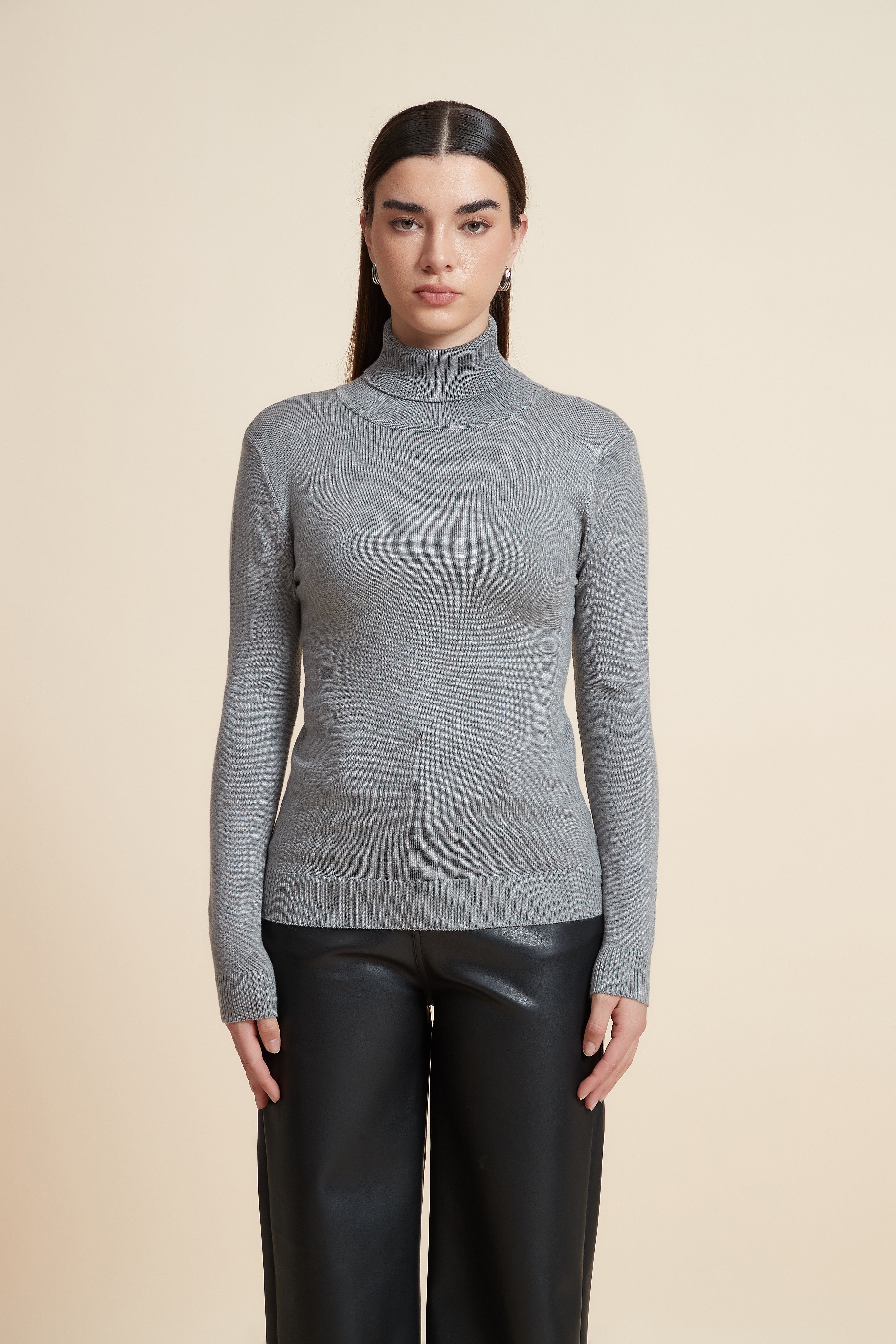 Long Sleeve Solid Blouse with High Neck