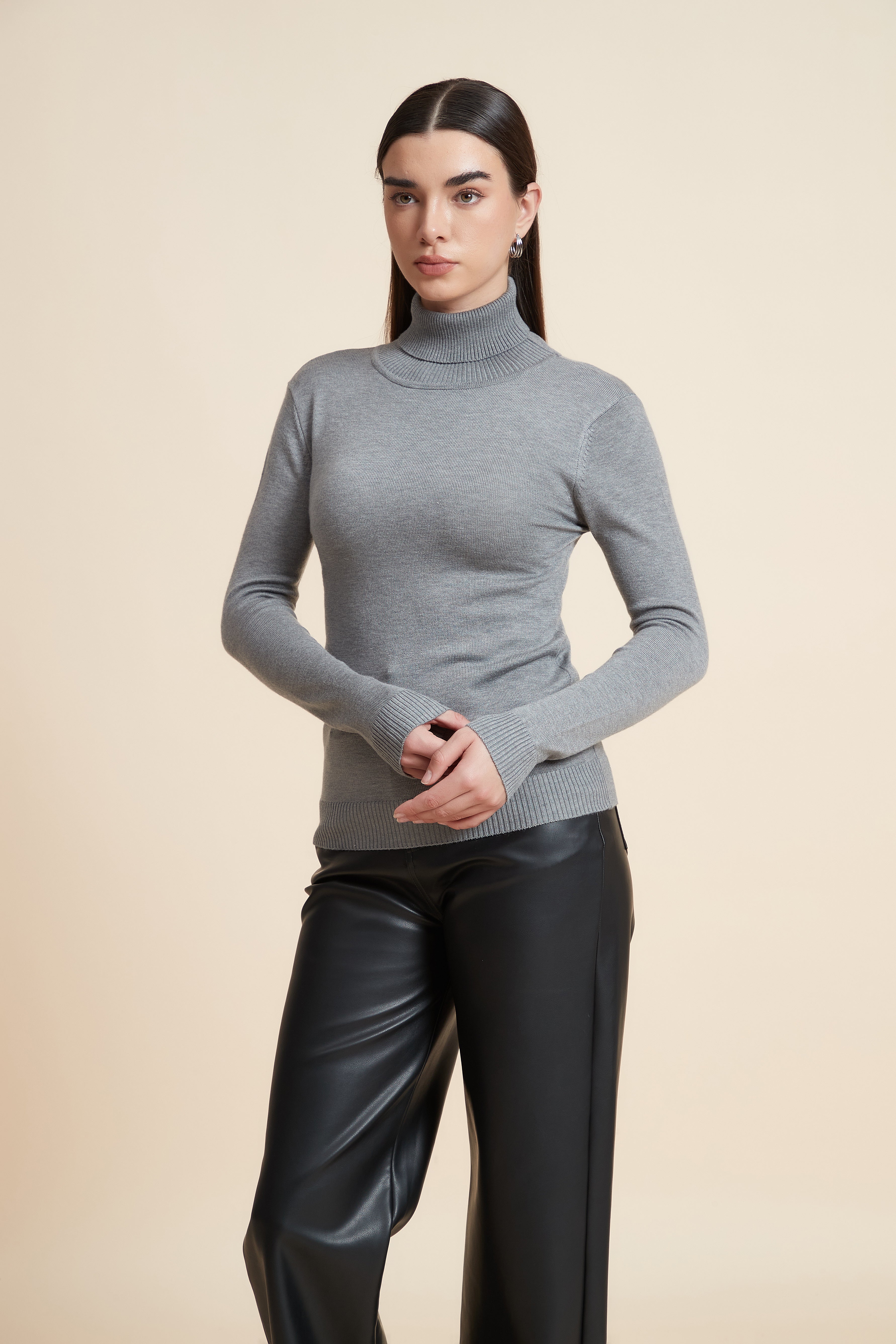 Long Sleeve Solid Blouse with High Neck