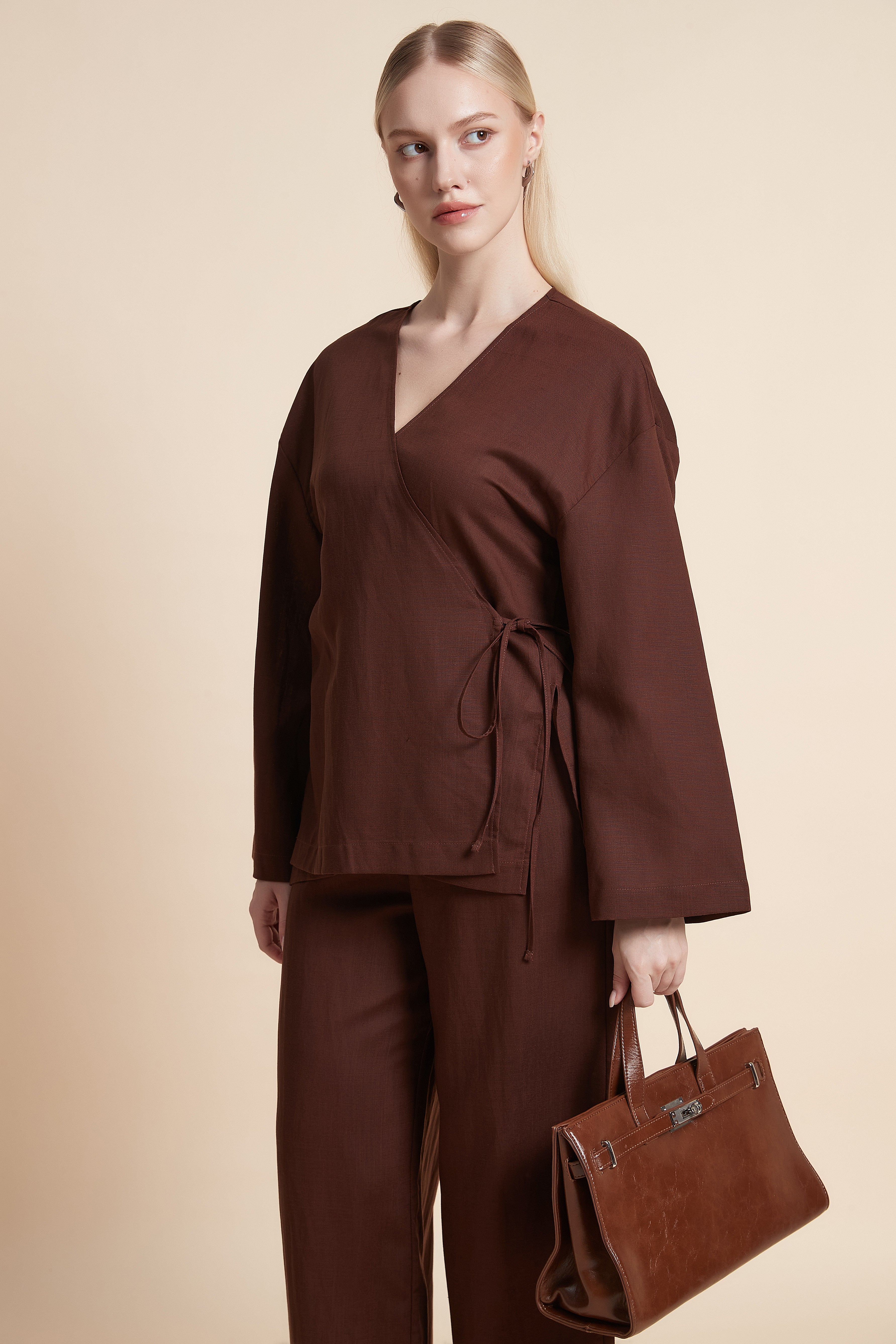 Plain Long-Sleeve Midi Blouse