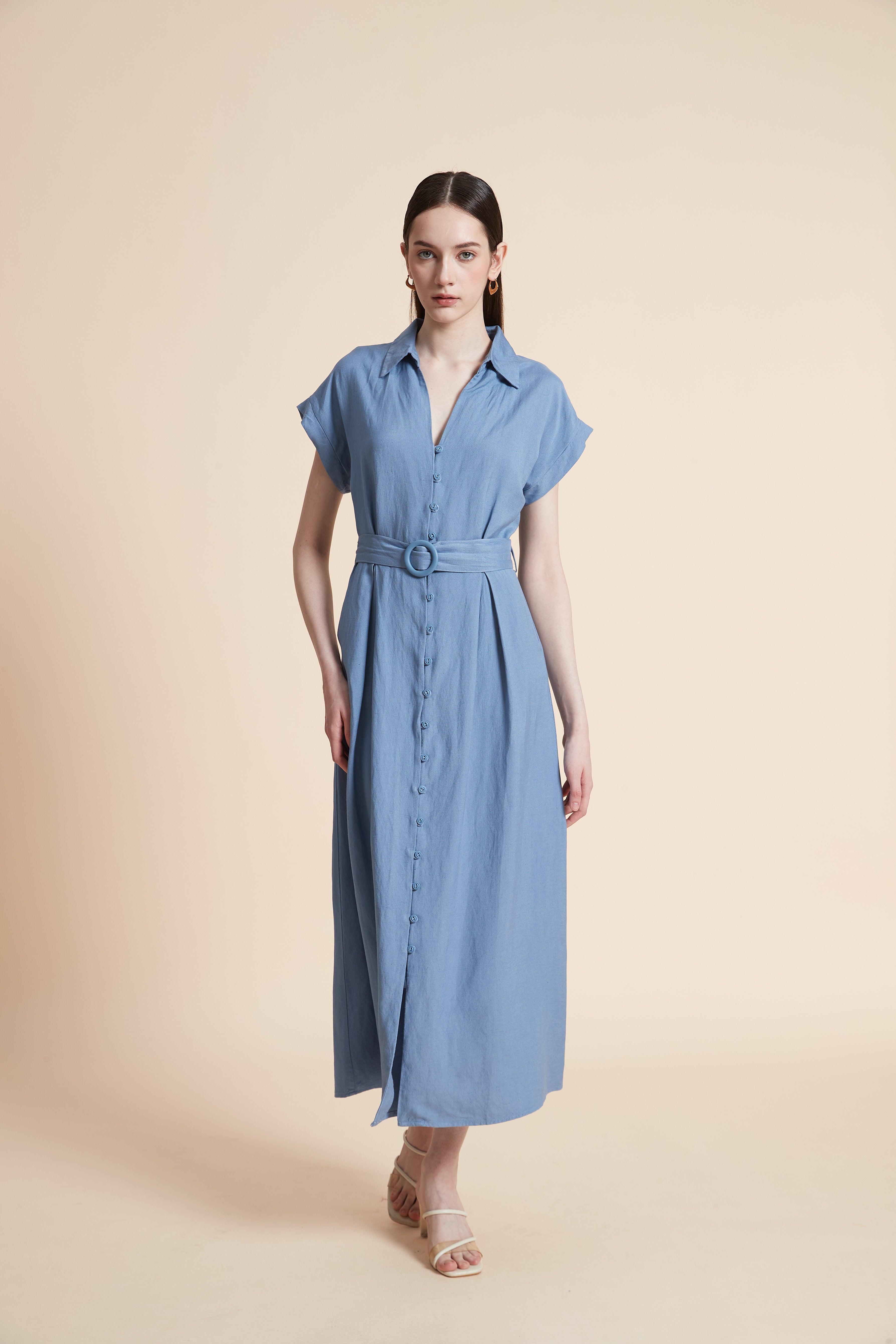 Midi Dress with Waist Belt and Short Sleeves